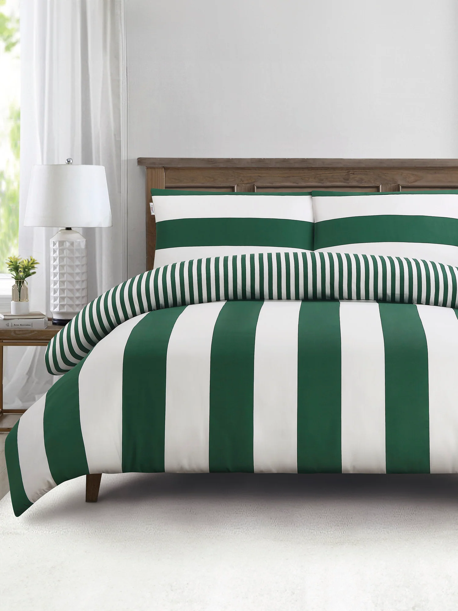 Pure Cotton Block Stripe Duvet Set in Green Jacket - Image 2
