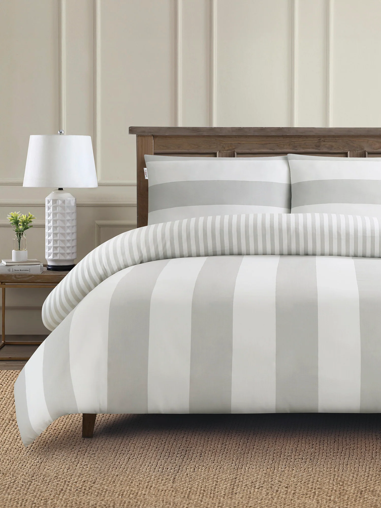 Pure Cotton Block Stripe Duvet Set in Vapor Blue - Image 2