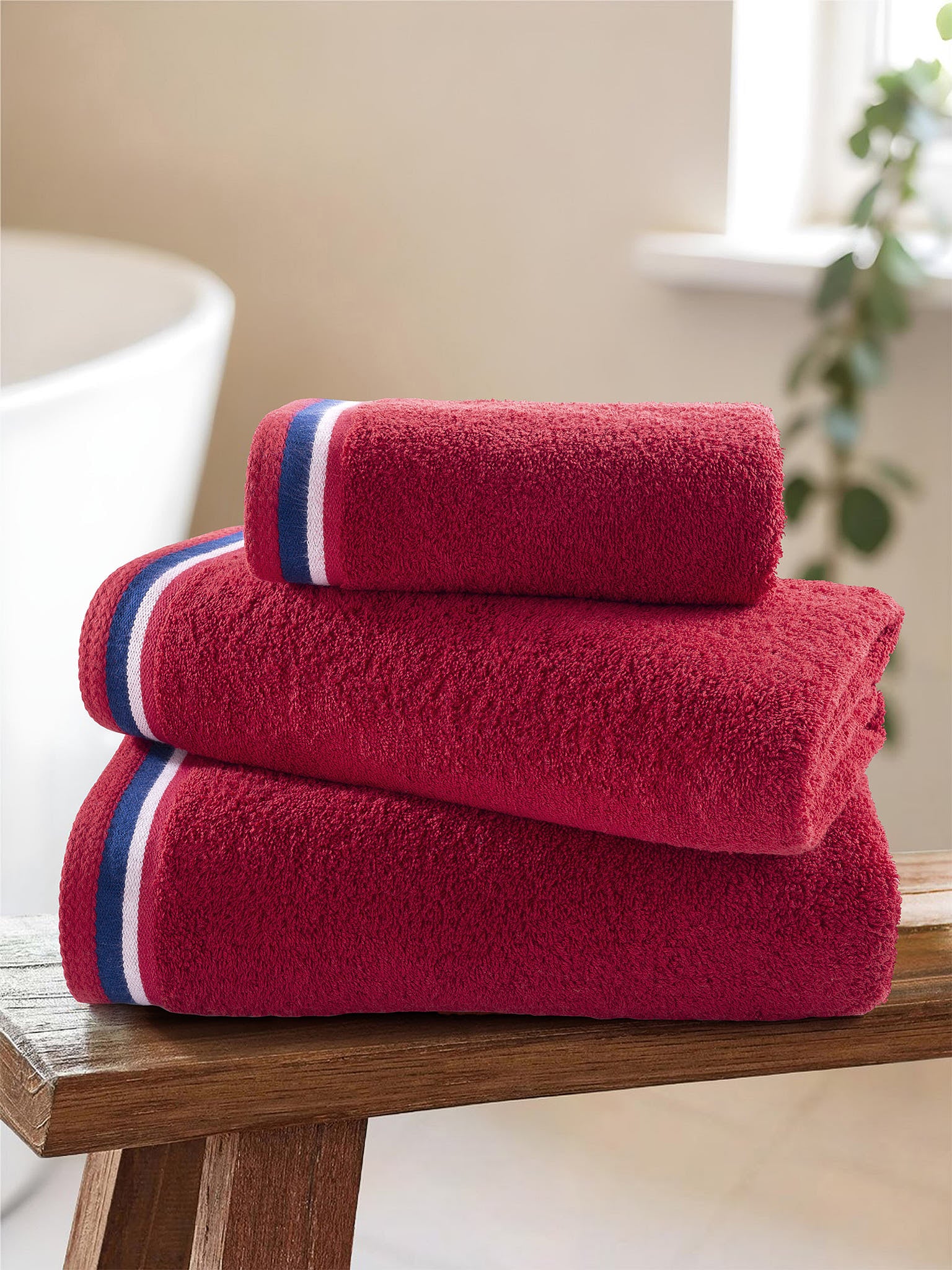 Pure Cotton Brand Stripe Towel in Haute Red