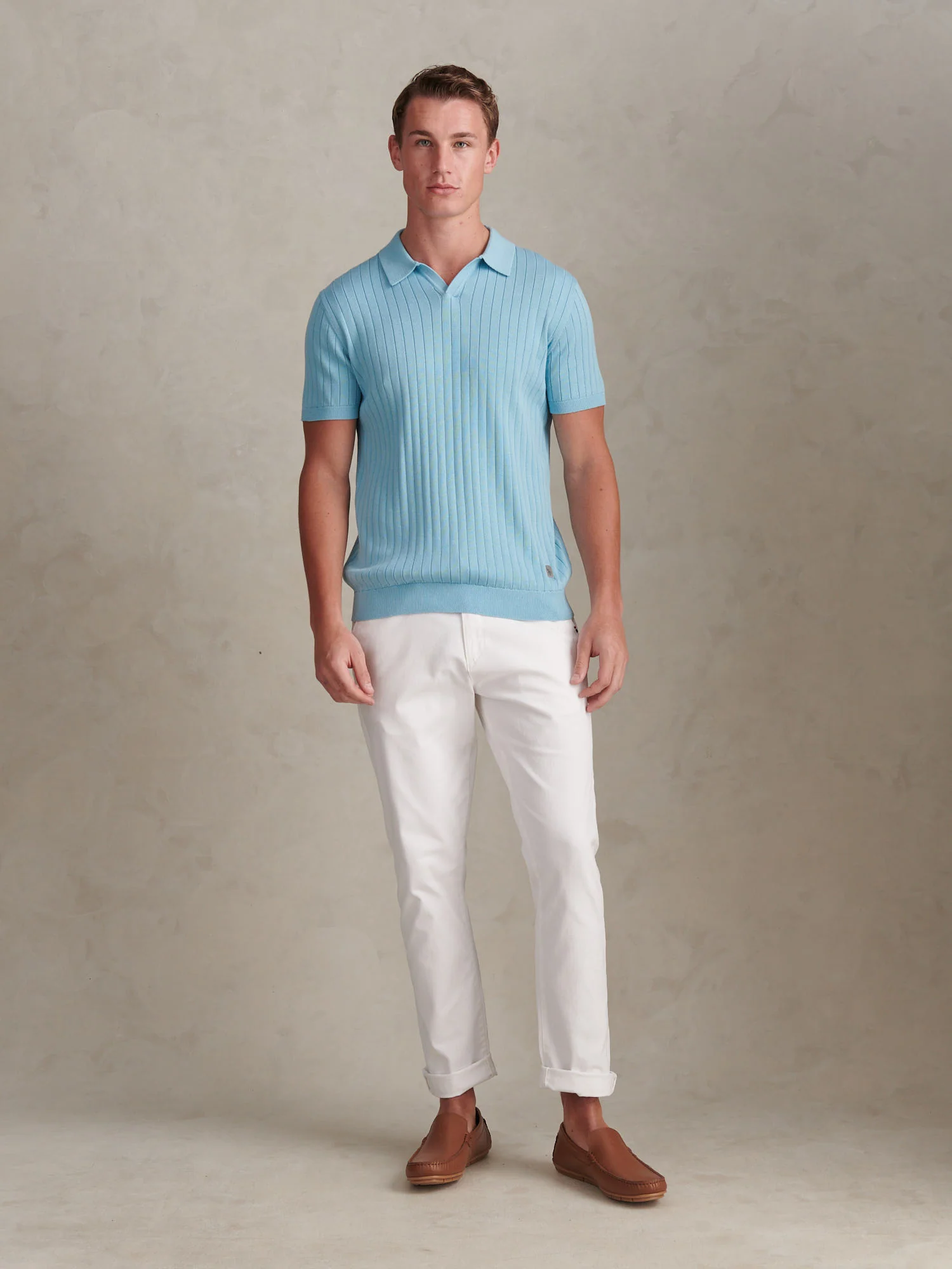 Mens Revere Collar Vertical Knit Polo Shirt Air Blue - Image 3