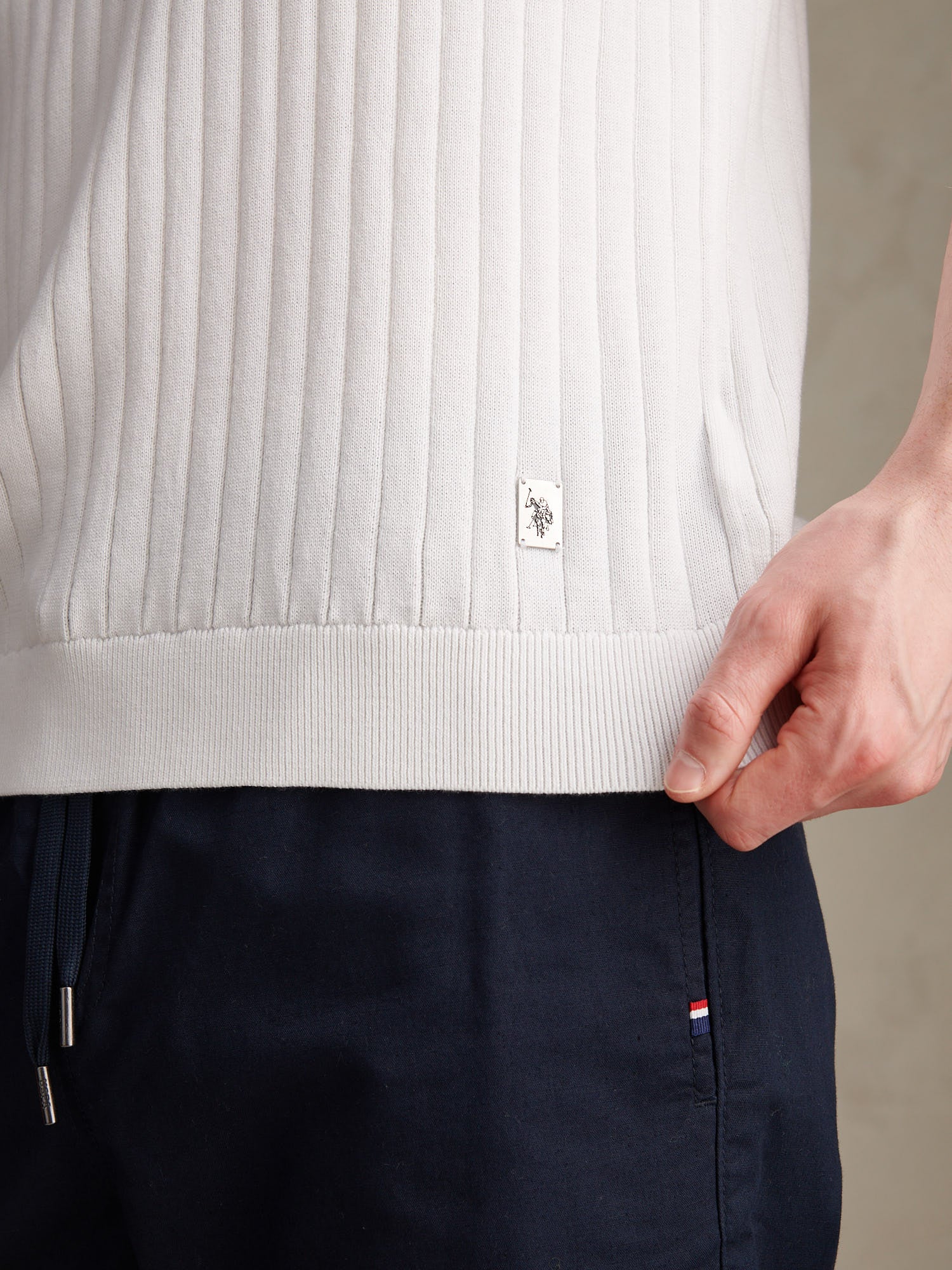 Mens Revere Collar Vertical Knit Polo Shirt Bright White - Image 2