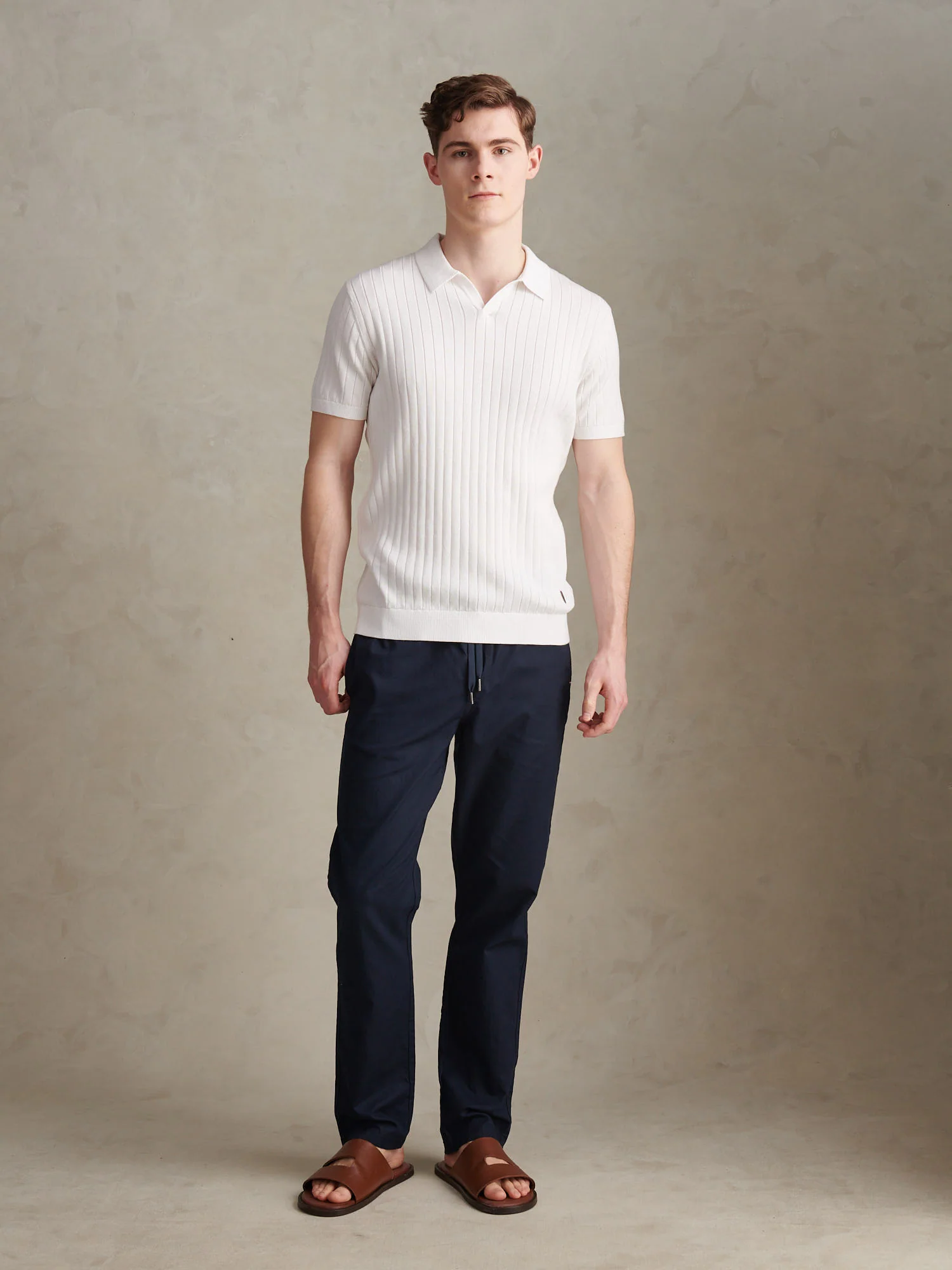 Mens Revere Collar Vertical Knit Polo Shirt Bright White - Image 3