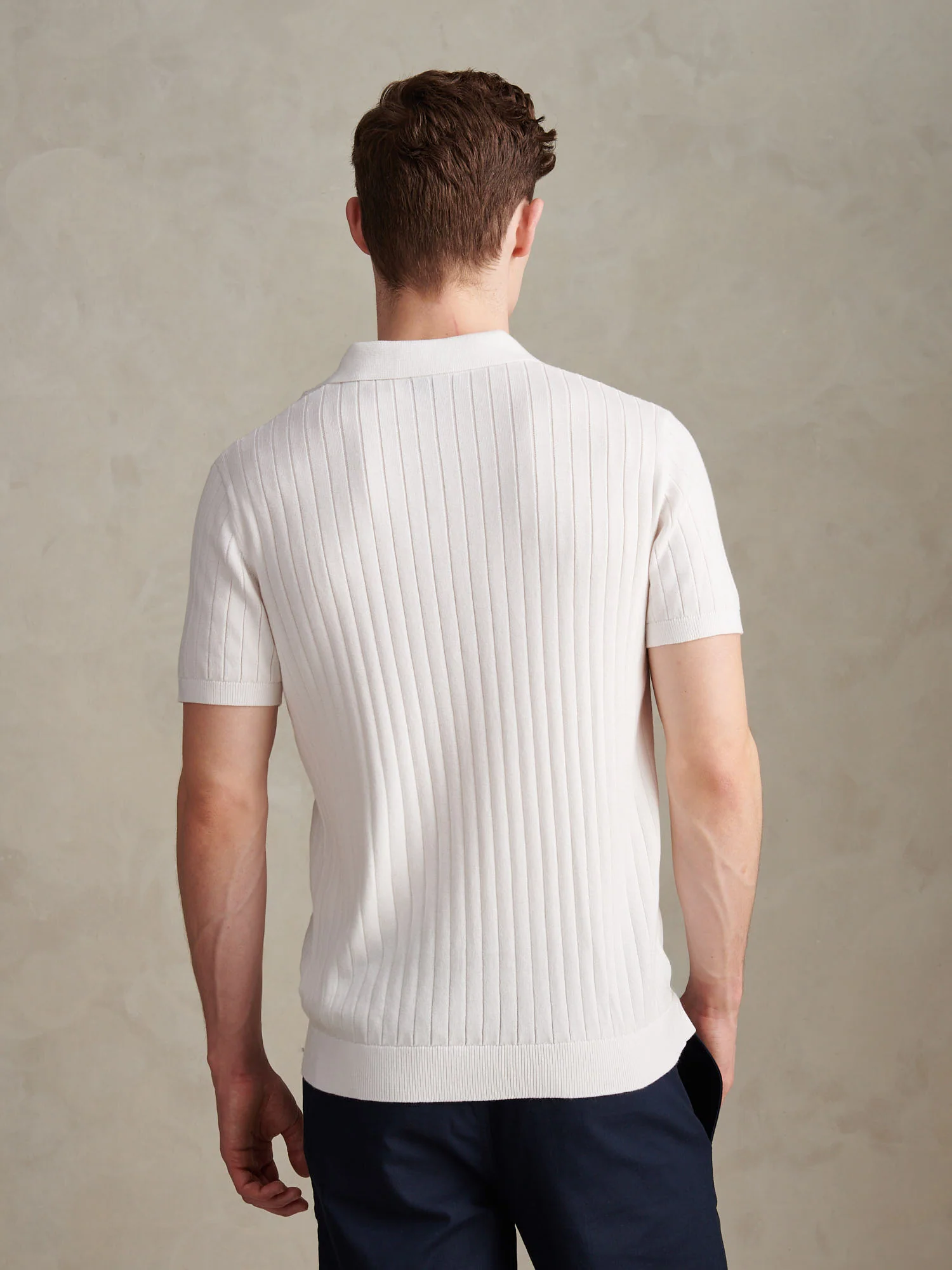 Mens Revere Collar Vertical Knit Polo Shirt Bright White - Image 4
