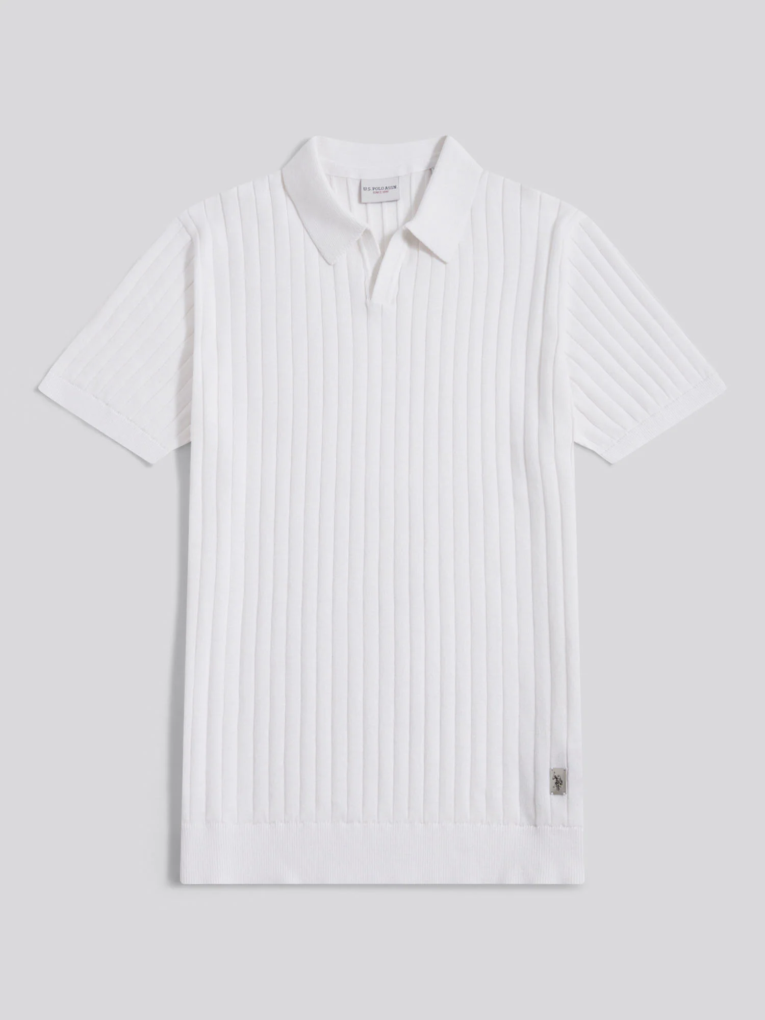 Mens Revere Collar Vertical Knit Polo Shirt Bright White - Image 5