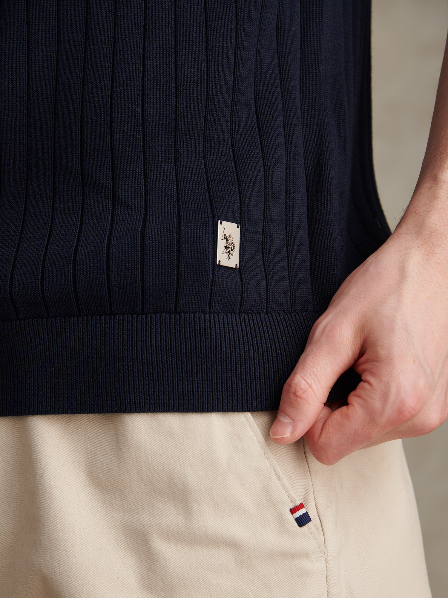 Mens Smart Textured Knit Quarter Zip Polo Shirt Dark Sapphire Navy - Image 2