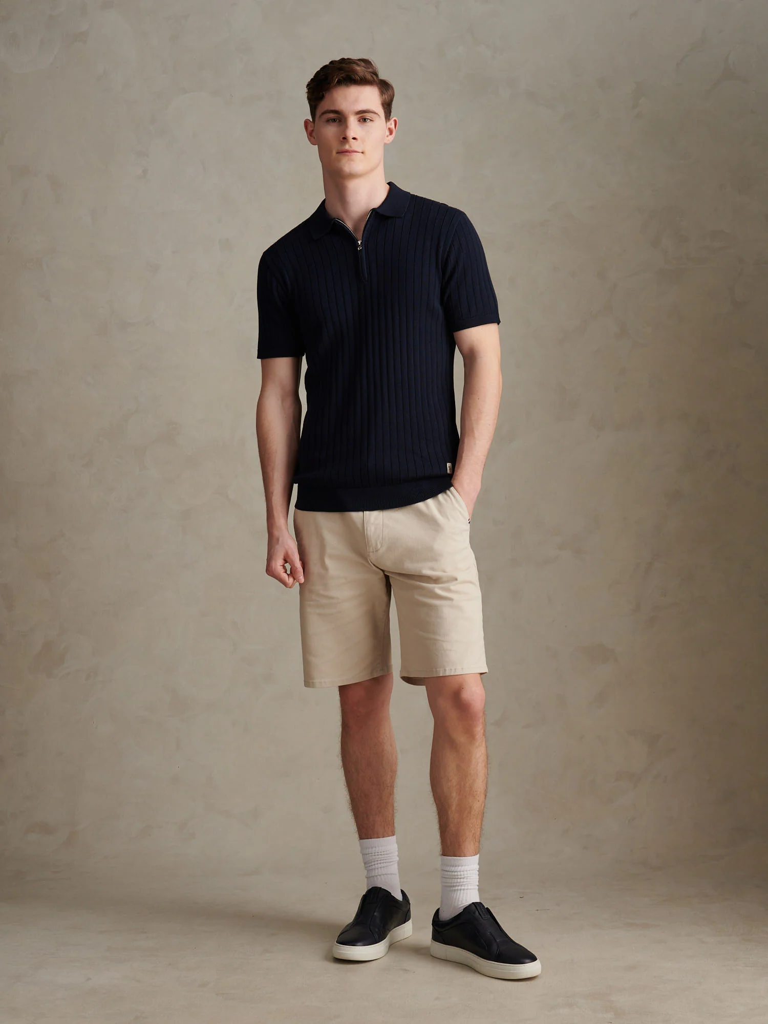 Mens Smart Textured Knit Quarter Zip Polo Shirt Dark Sapphire Navy - Image 3