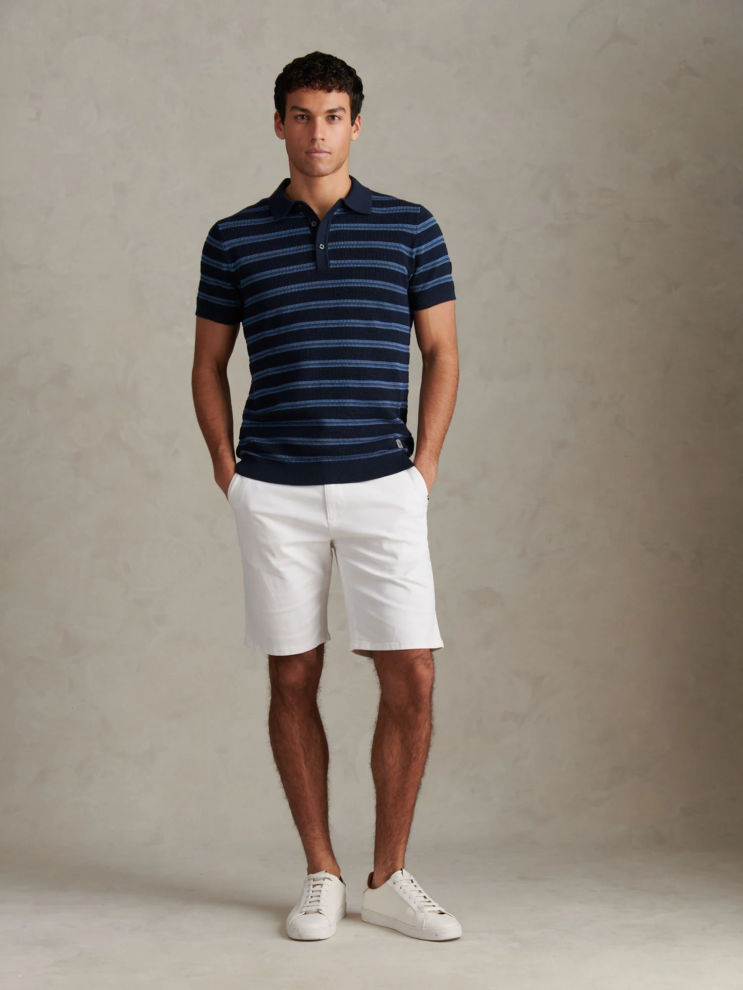 Mens Stripe Open Knit Polo Shirt Dark Sapphire Navy - Image 3