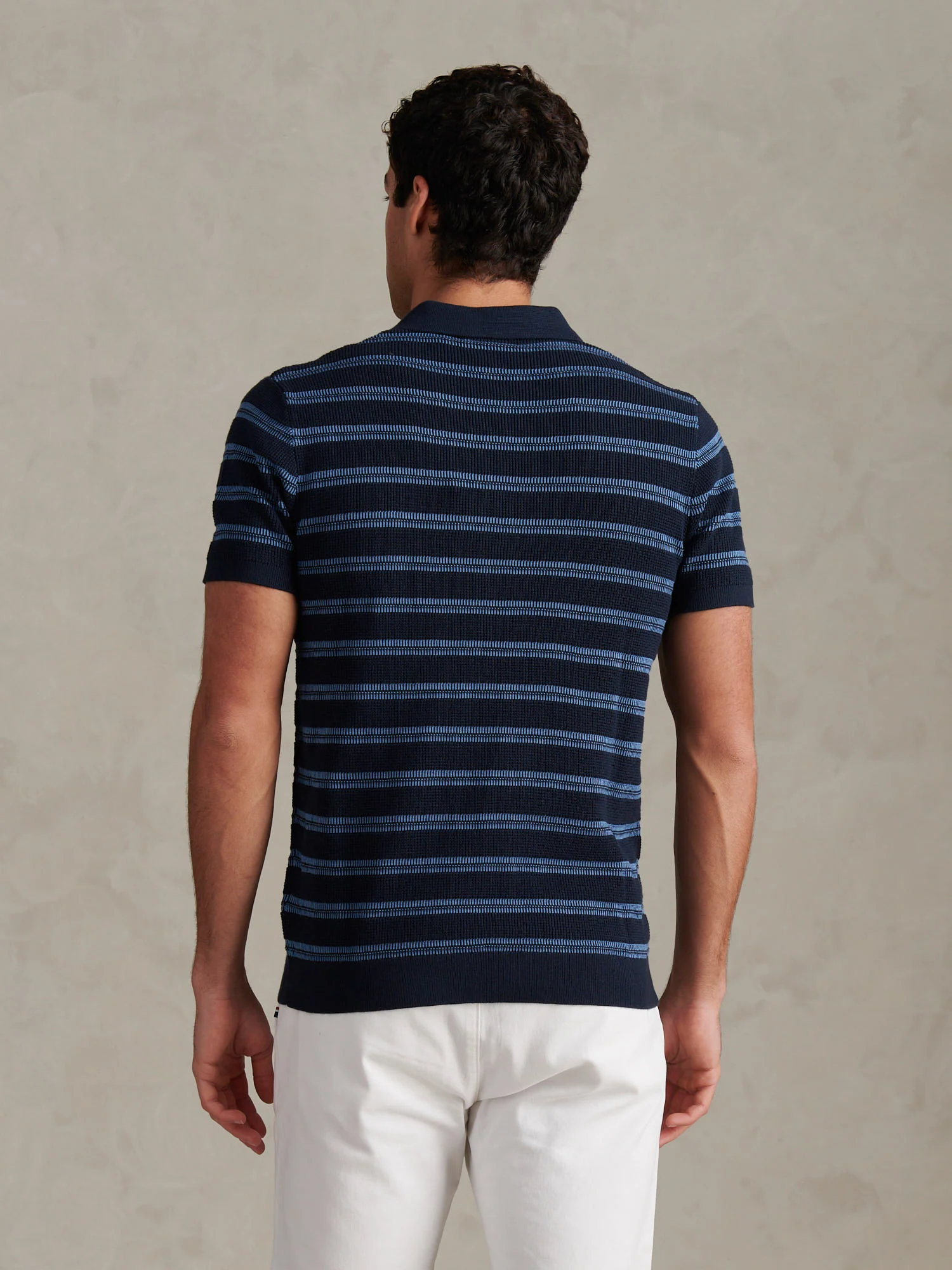 Mens Stripe Open Knit Polo Shirt Dark Sapphire Navy - Image 4