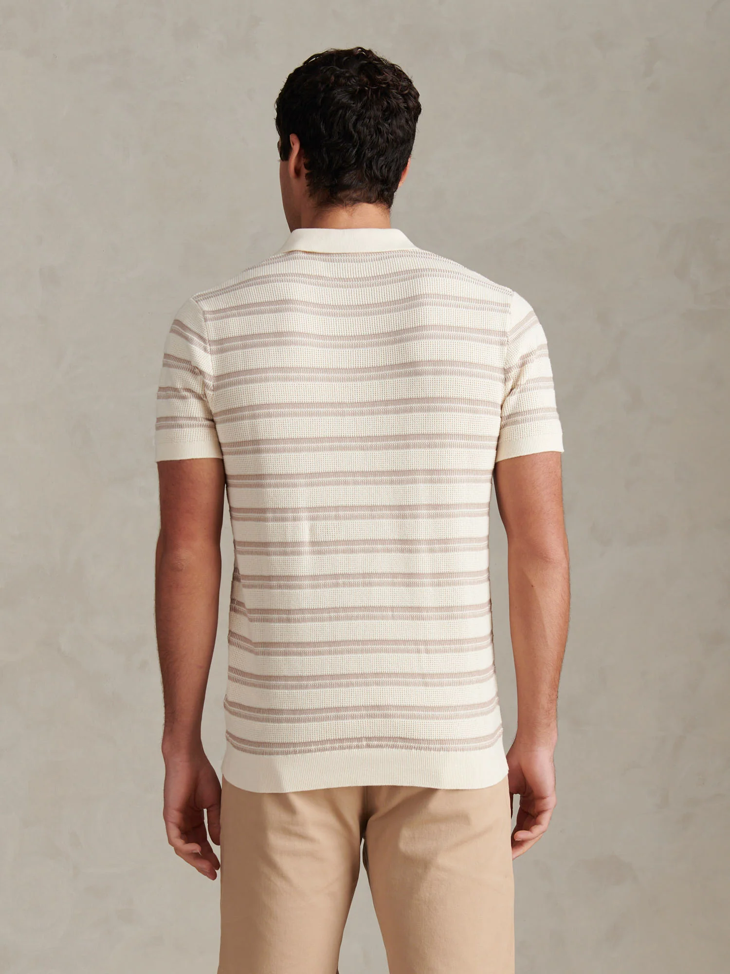 Mens Stripe Open Knit Polo Shirt Whisper White - Image 4