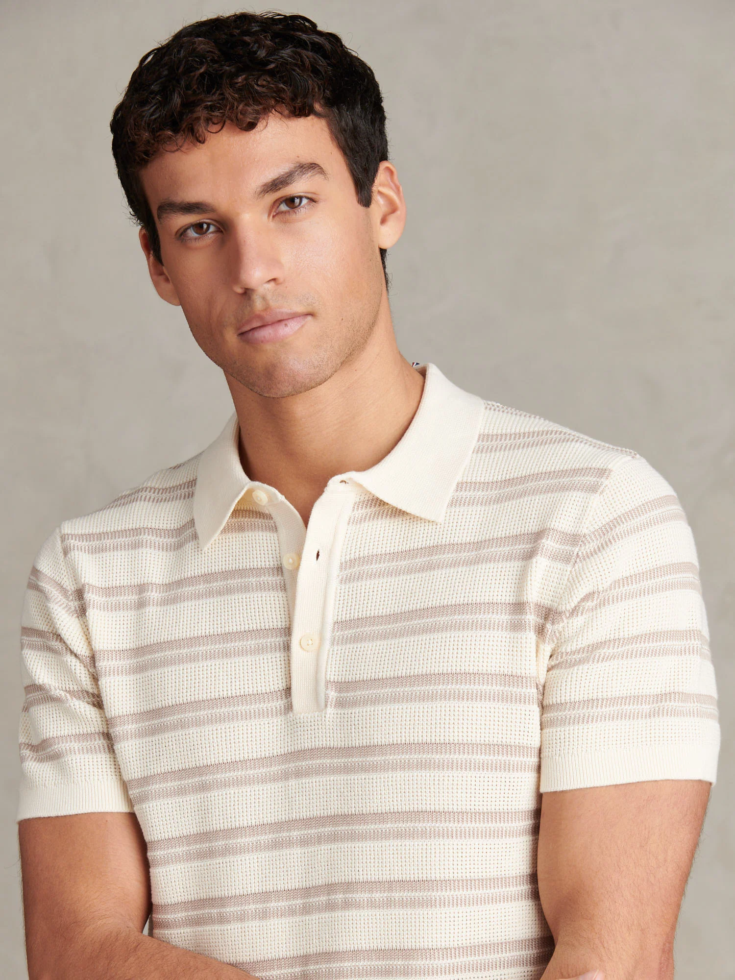 Mens Stripe Open Knit Polo Shirt Whisper White - Image 5