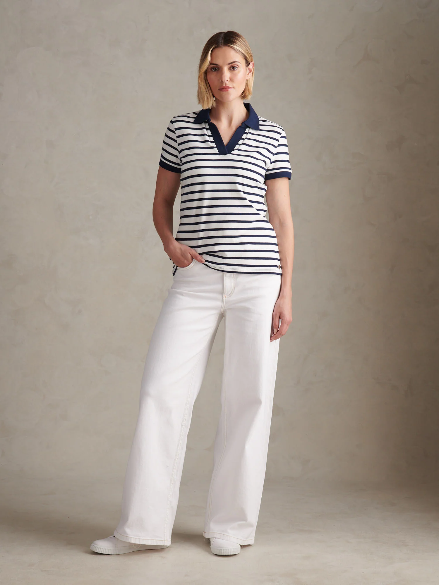 Womens Luxury Stripe Polo Top Marshmallow - Image 3