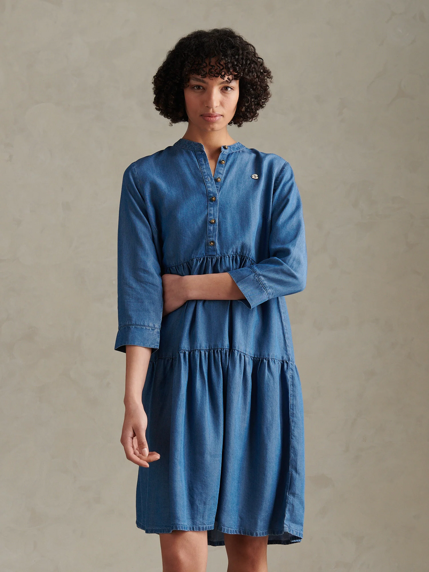 Womens Chambray Mini Tiered Smock Dress Light Blue Chambray