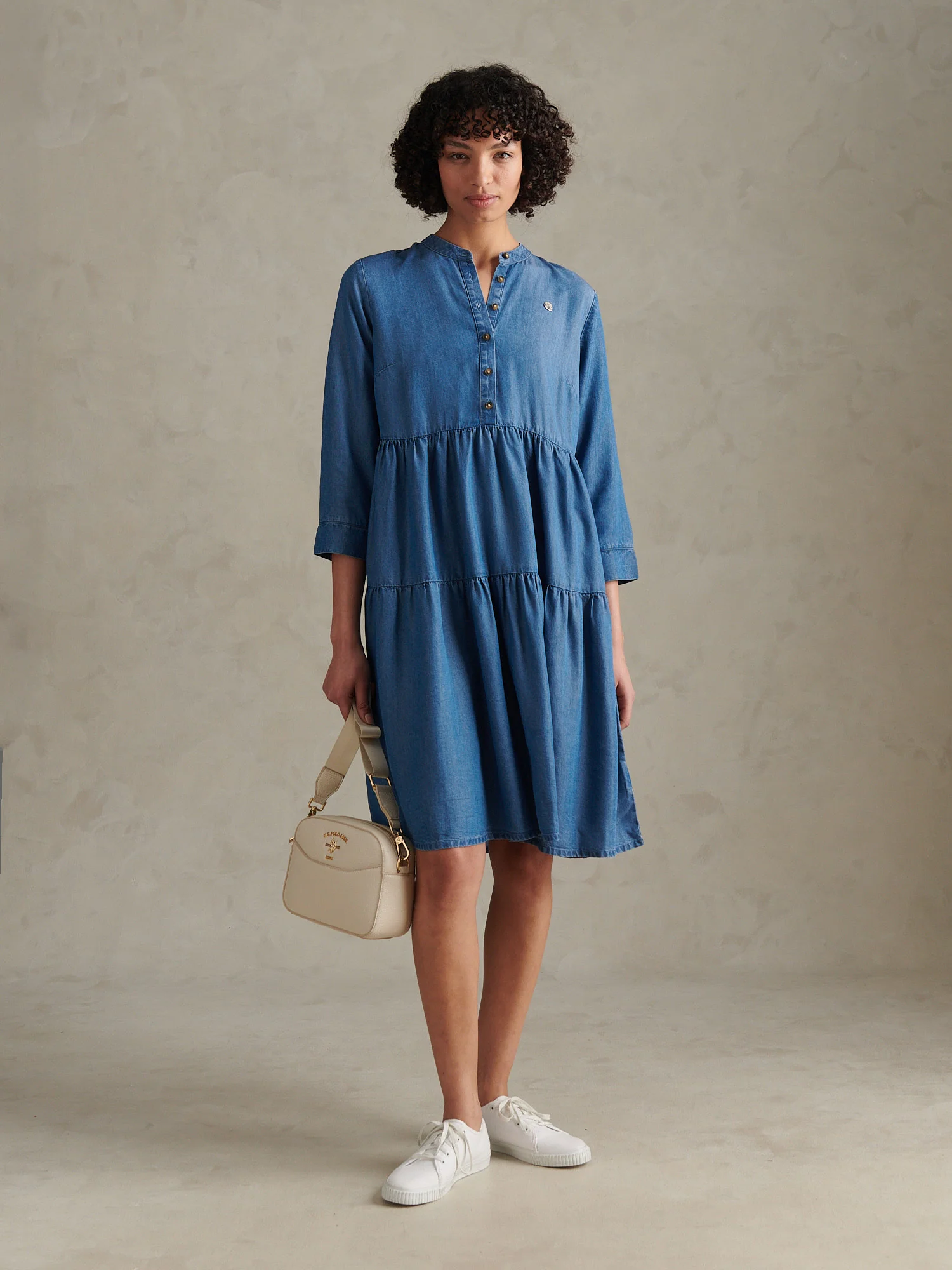 Womens Chambray Mini Tiered Smock Dress Light Blue Chambray - Image 3