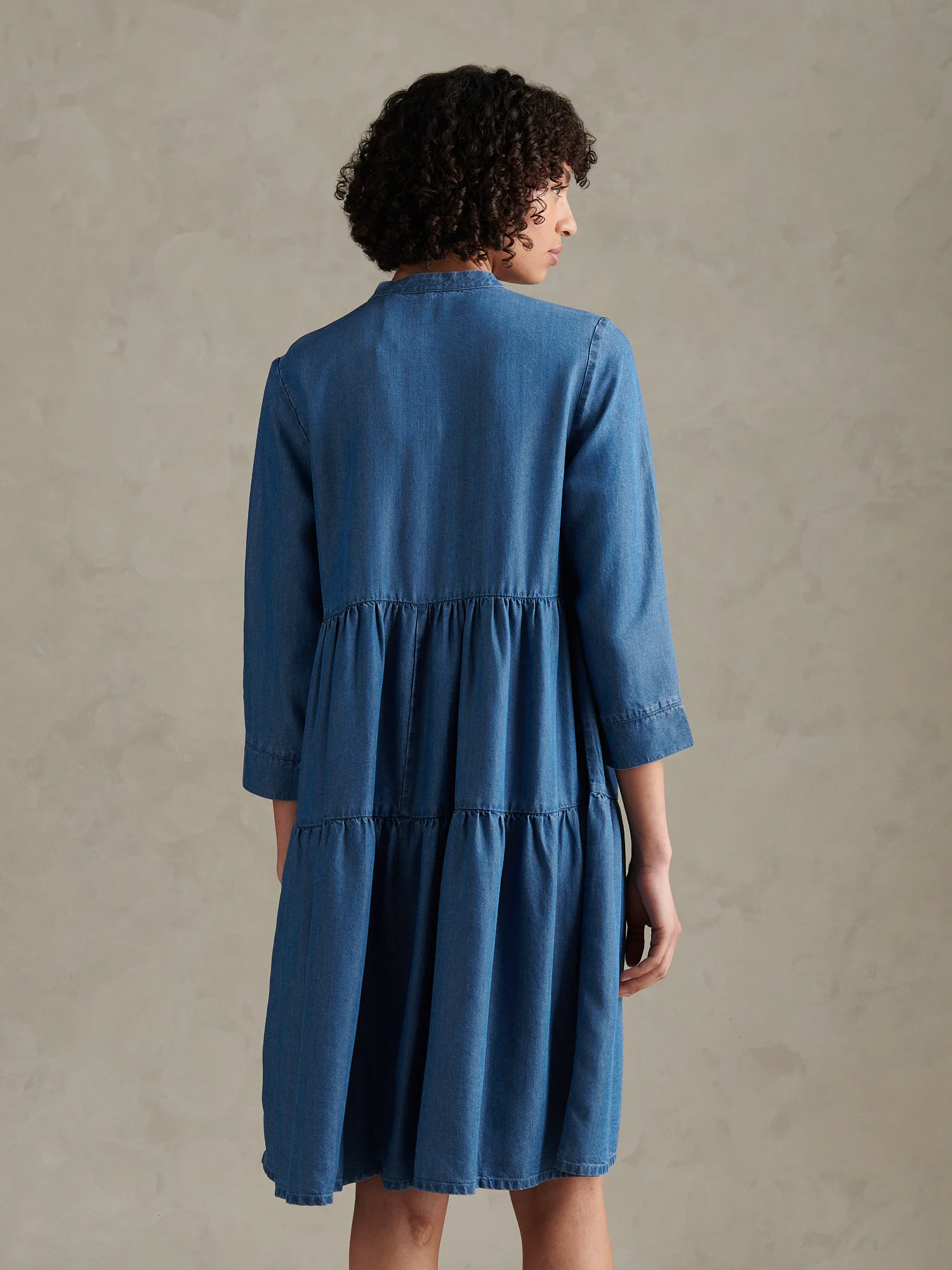 Womens Chambray Mini Tiered Smock Dress Light Blue Chambray - Image 4