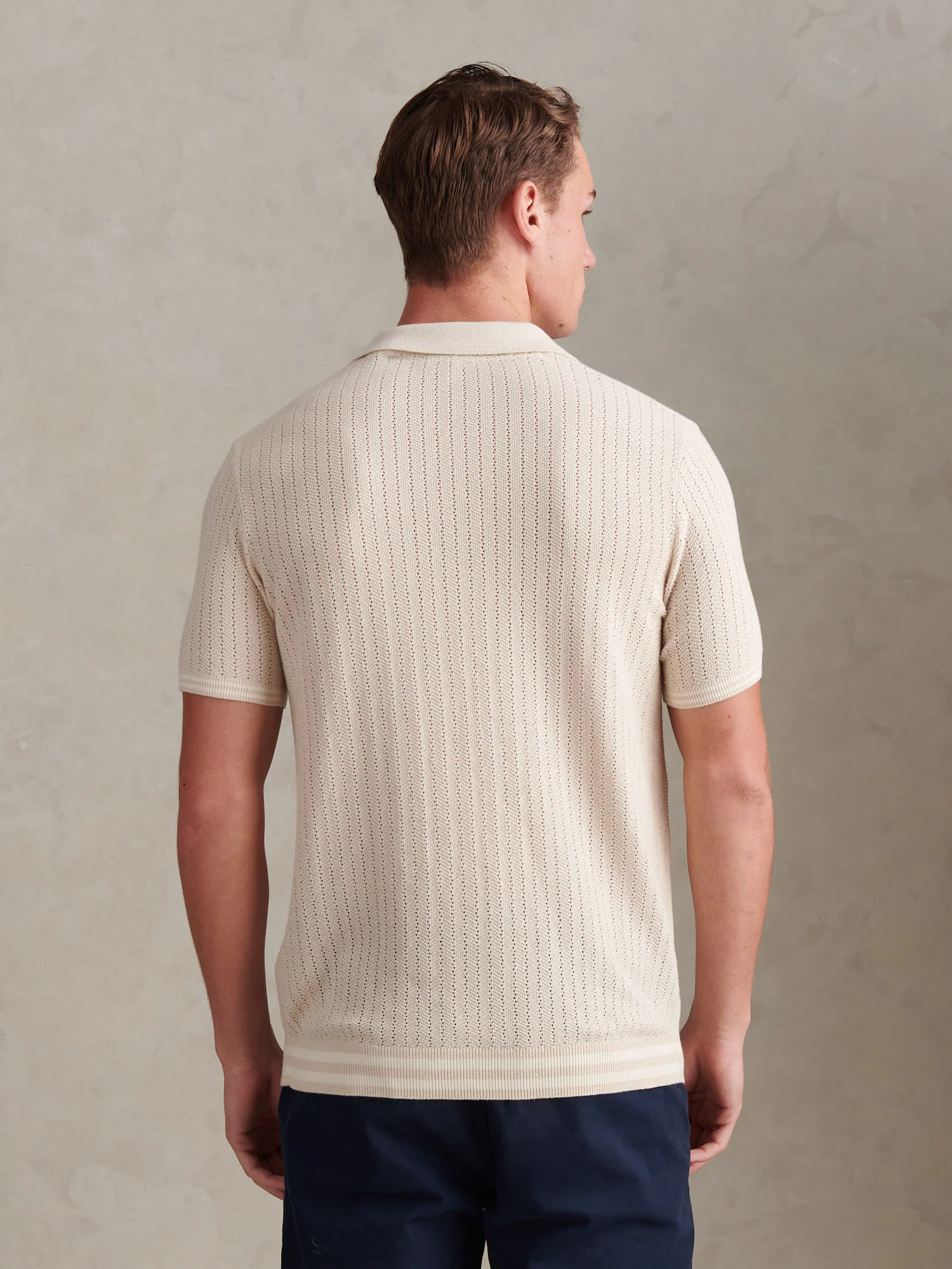 Mens Tipped Open Knit Polo Shirt Beige - Image 4