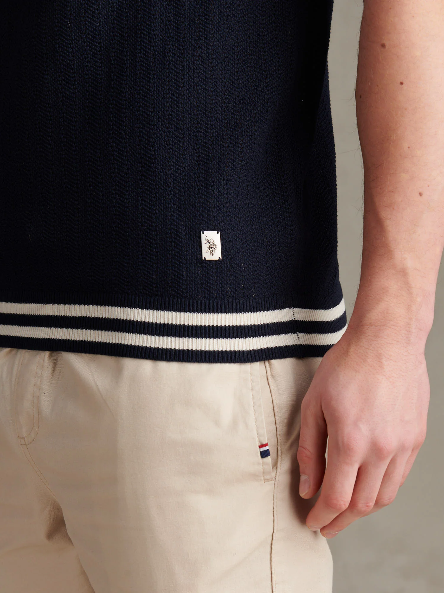 Mens Tipped Open Knit Polo Shirt Dark Sapphire Navy - Image 2