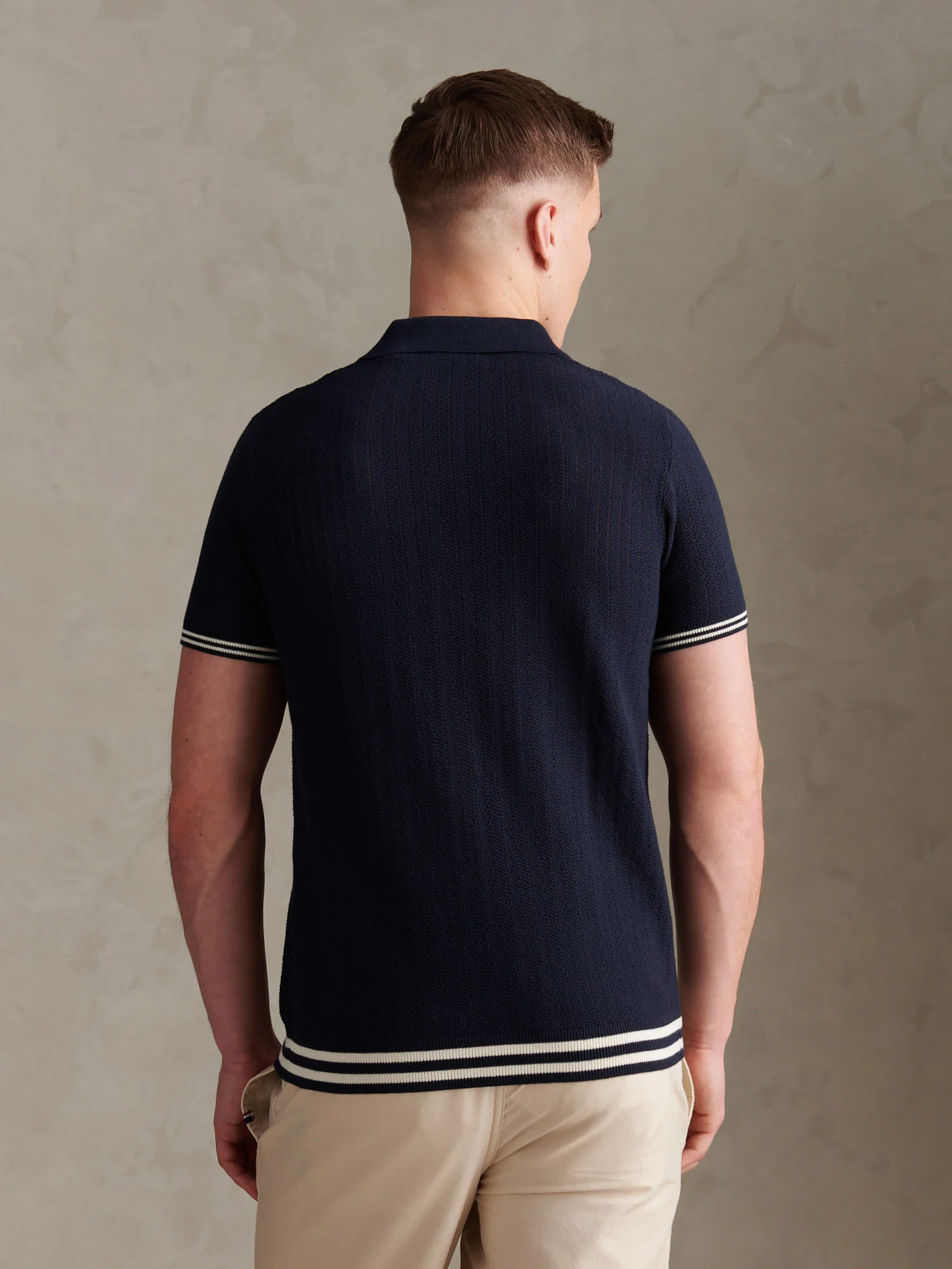 Mens Tipped Open Knit Polo Shirt Dark Sapphire Navy - Image 4