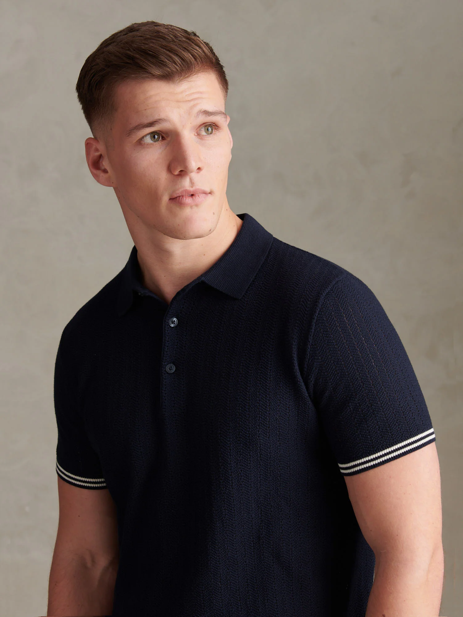 Mens Tipped Open Knit Polo Shirt Dark Sapphire Navy - Image 5
