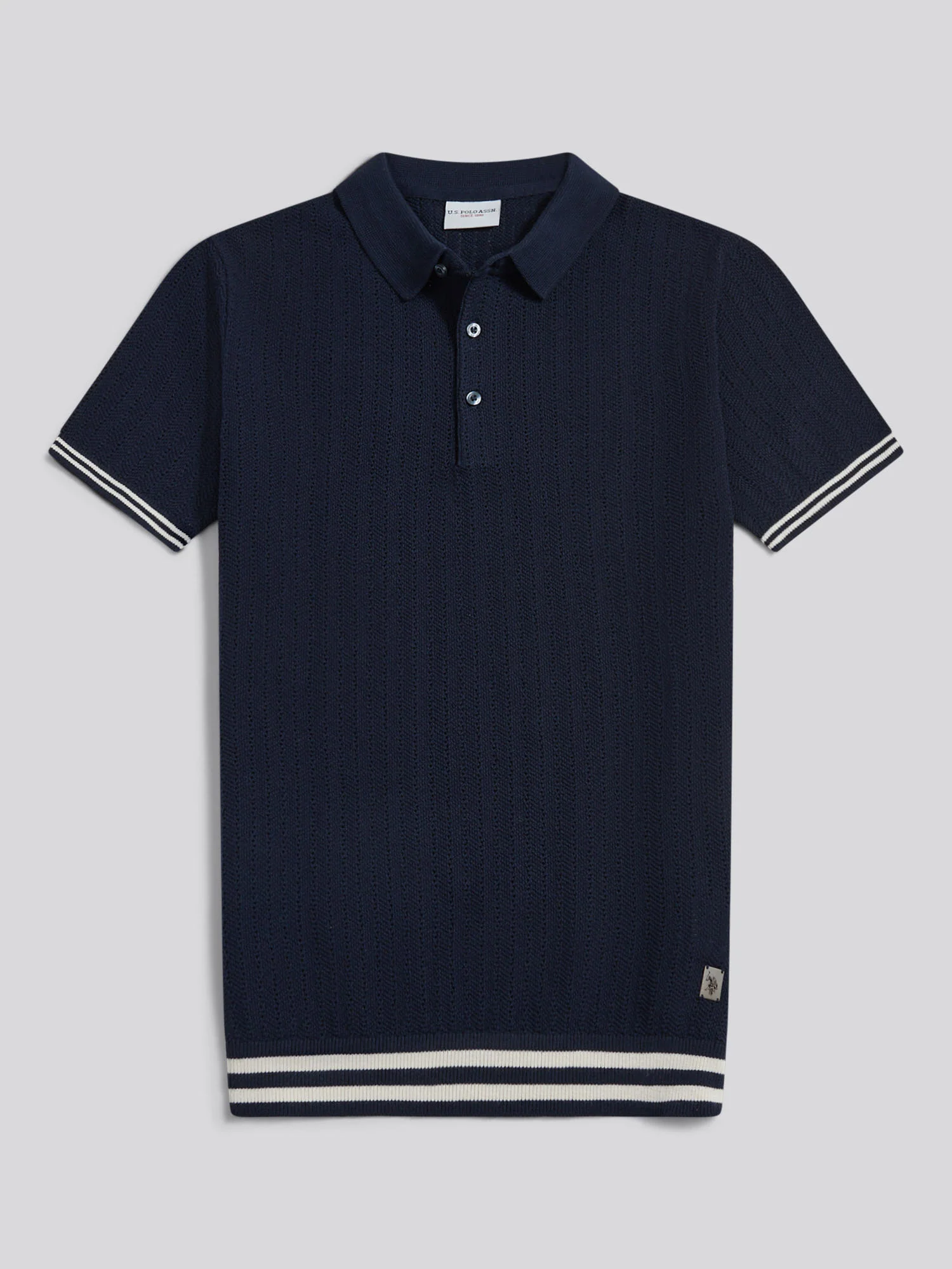 Mens Tipped Open Knit Polo Shirt Dark Sapphire Navy - Image 6
