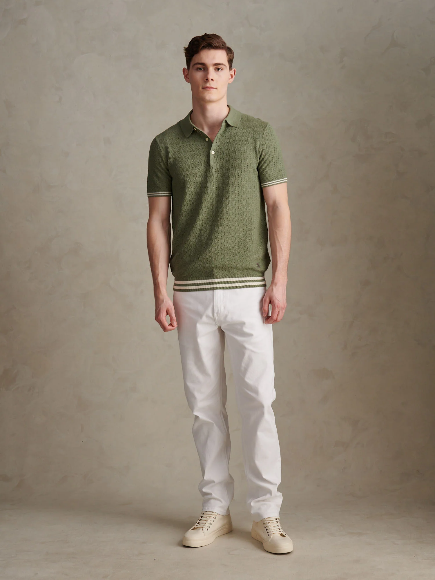 Mens Tipped Open Knit Polo Shirt Sea Spray - Image 3