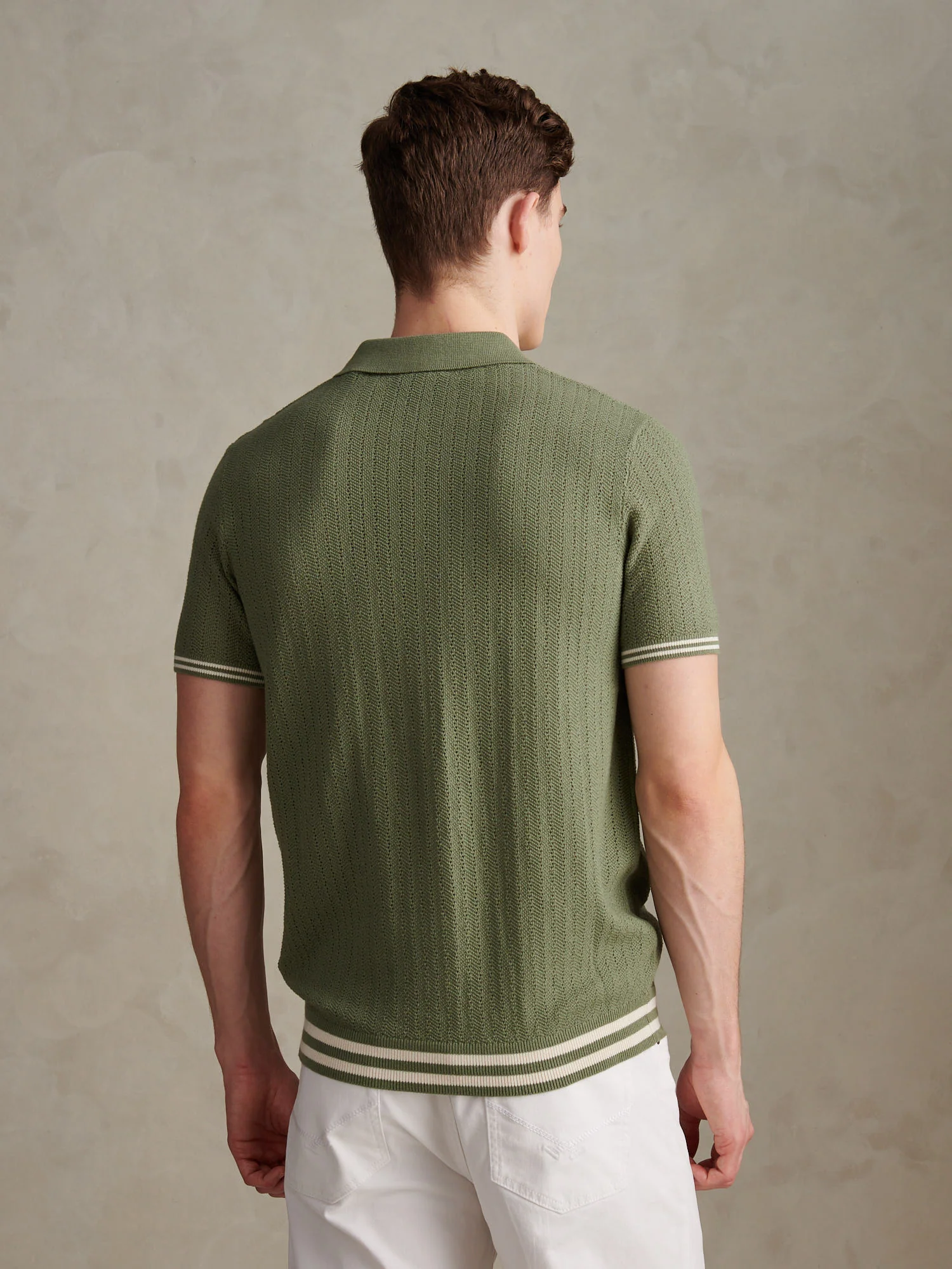 Mens Tipped Open Knit Polo Shirt Sea Spray - Image 4