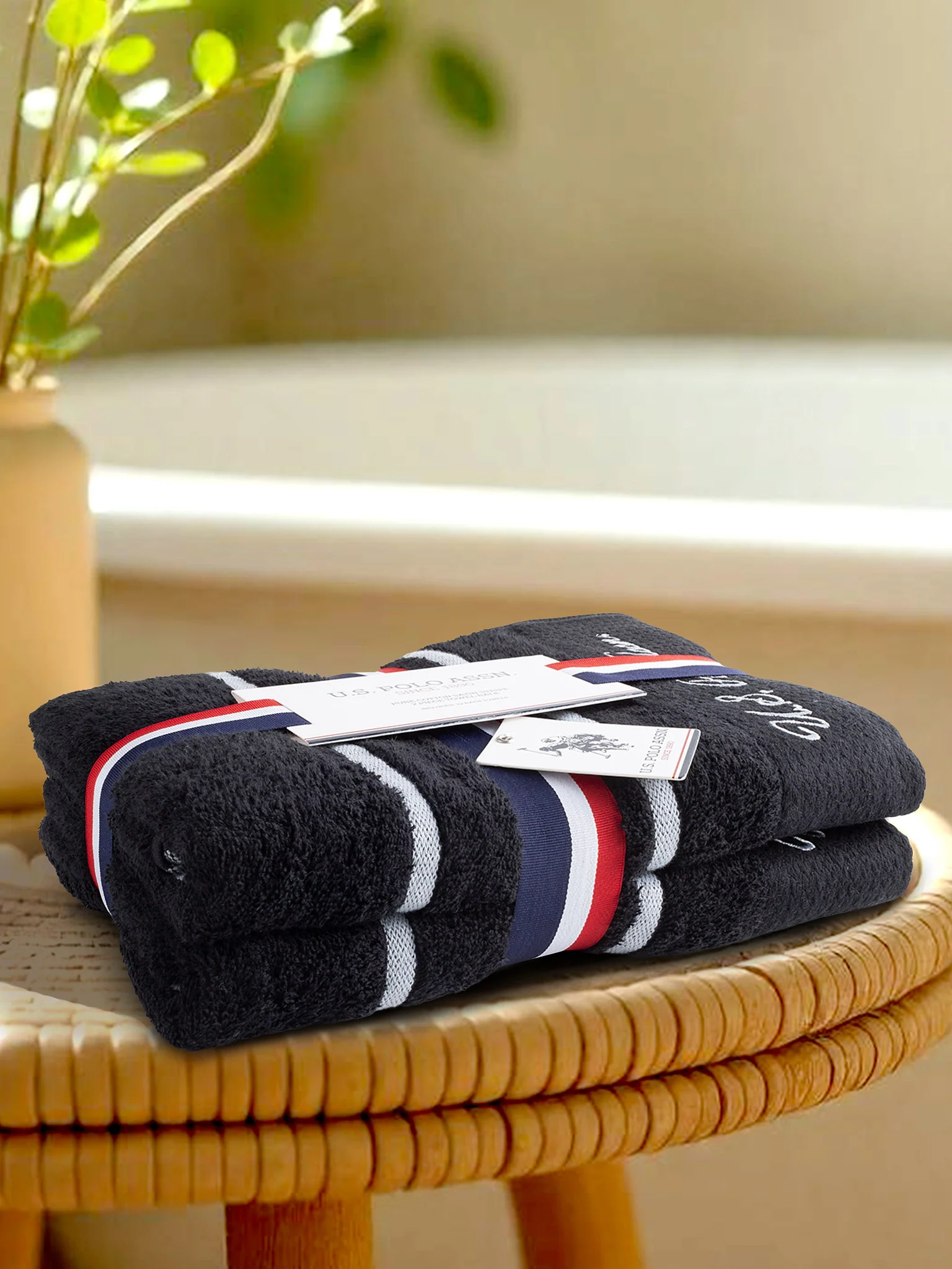 Pure Cotton Satin Stripe Towel Bale in Jet Black - Image 2