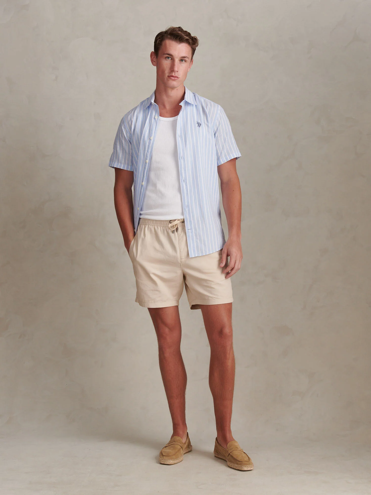 Mens Linen Blend Summer Stripe Short Sleeve Shirt Chambray Blue - Image 3