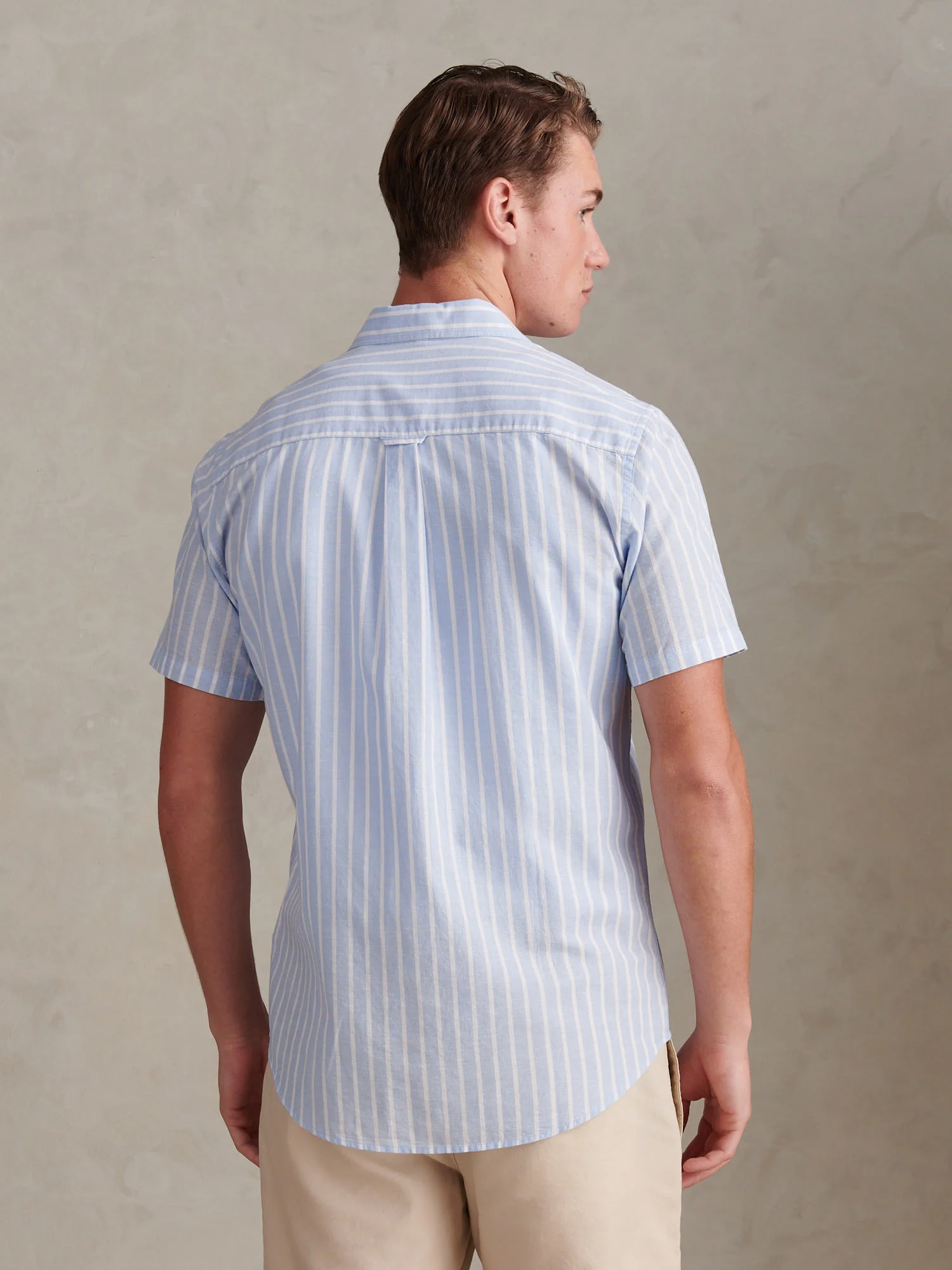 Mens Linen Blend Summer Stripe Short Sleeve Shirt Chambray Blue - Image 4