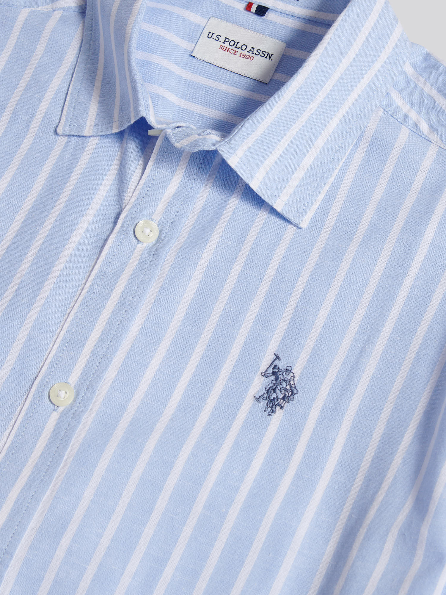 Mens Linen Blend Summer Stripe Short Sleeve Shirt Chambray Blue - Image 7