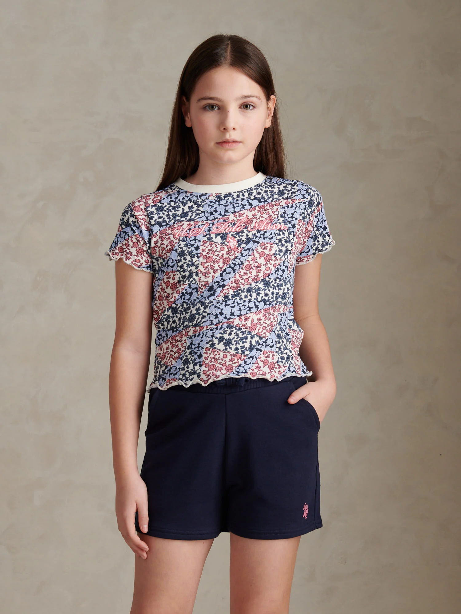 Girls Patchwork Tee & Short Set Navy Iris - Image 3