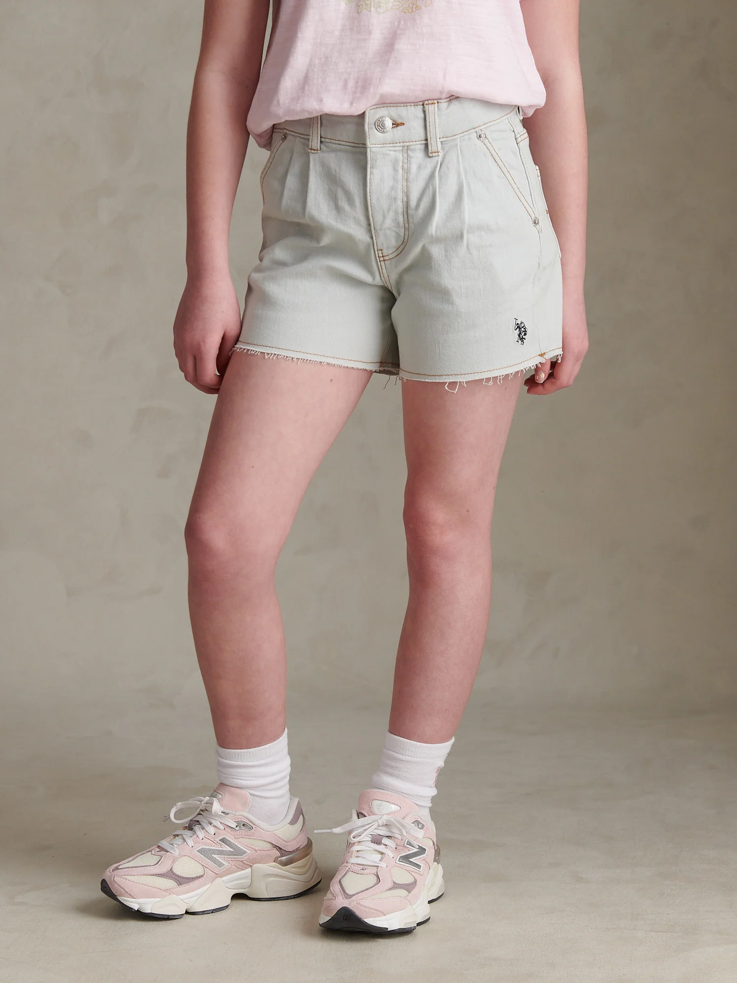 Girls Pleat Detail Denim Shorts Ice White