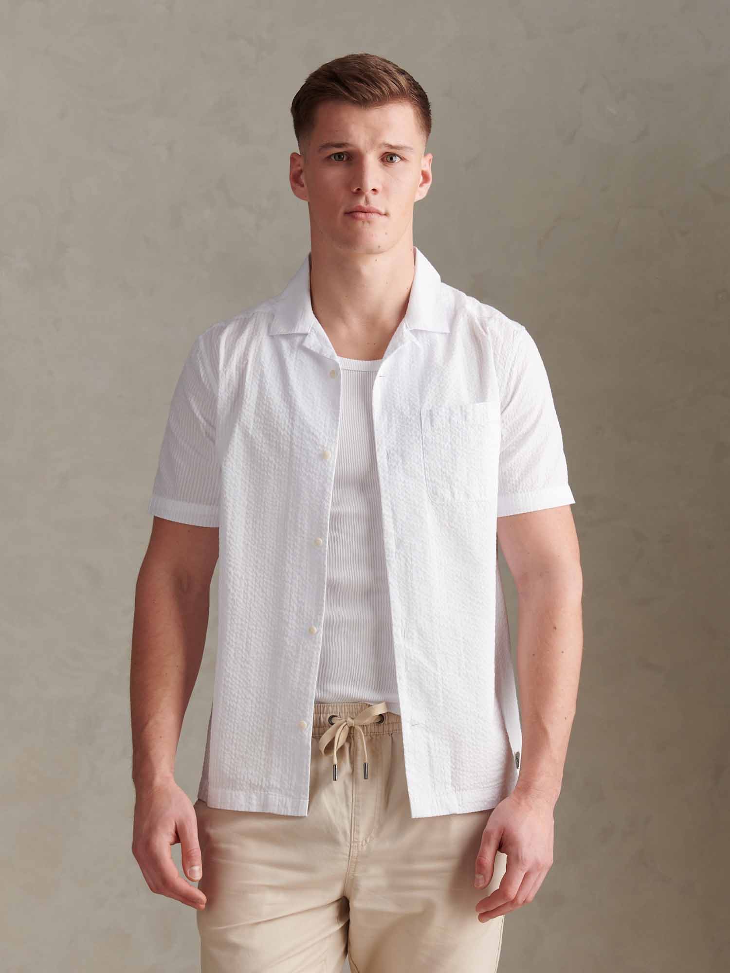 Mens Seersucker Revere Short Sleeve Shirt Bright White