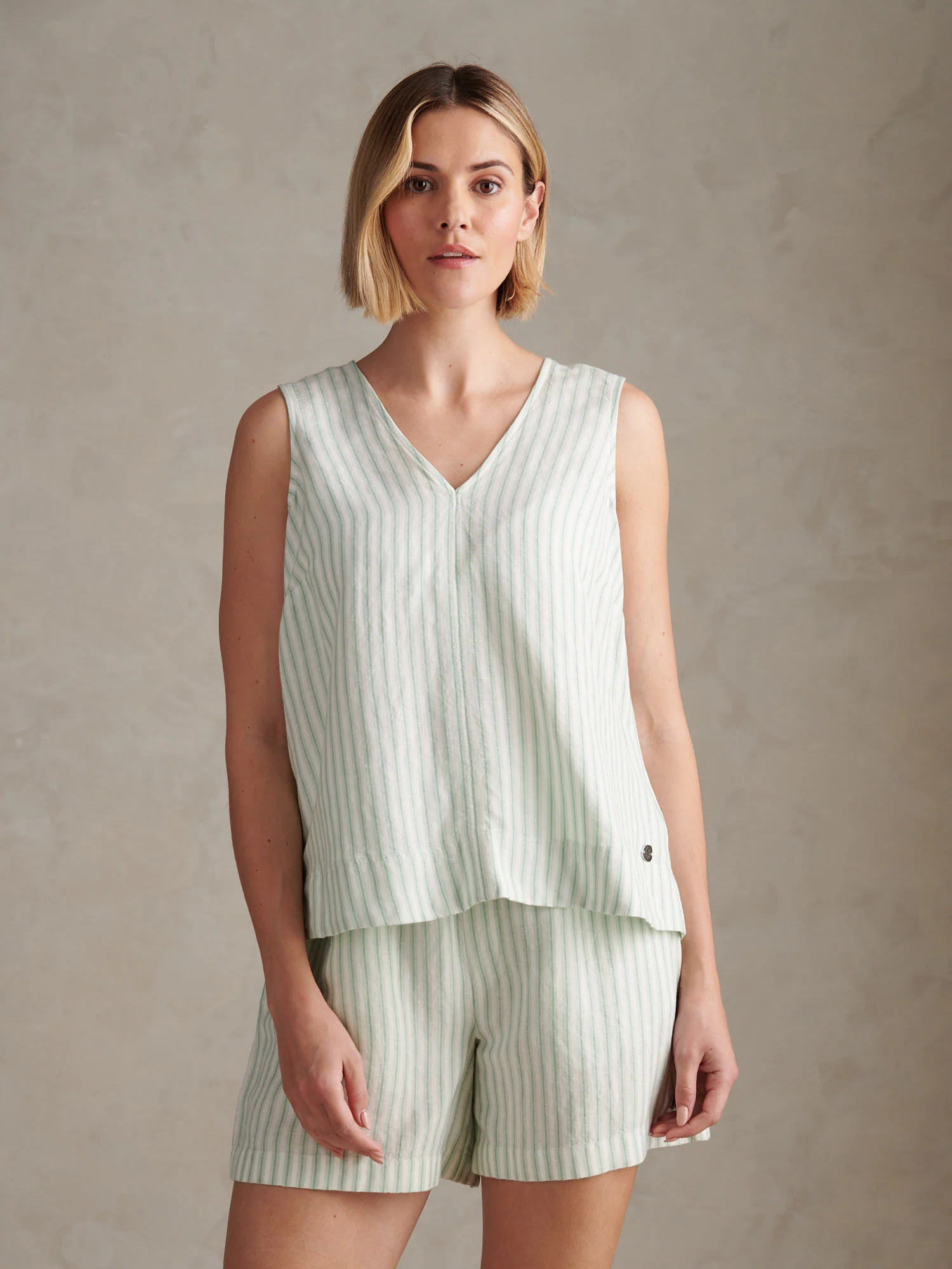 Womens Linen Blend Stripe V-Neck Shell Top Misty Jade