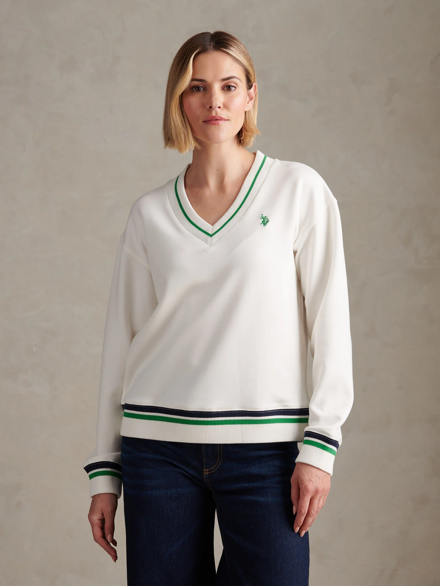 Womens Tipped V Neck Sweatshirt Marshmallow