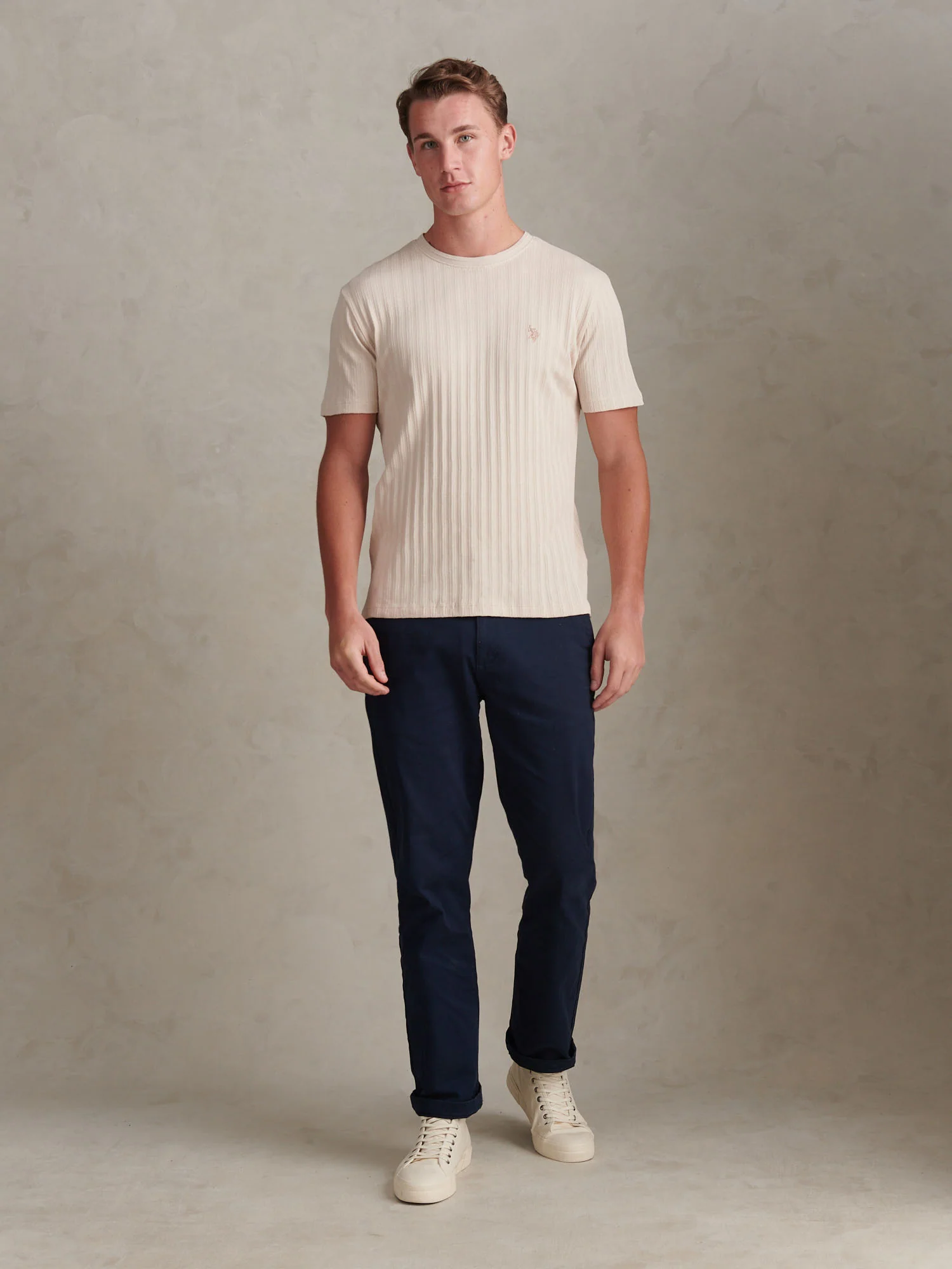 Mens Vertical Texture Loose Knit T-Shirt Beige - Image 3
