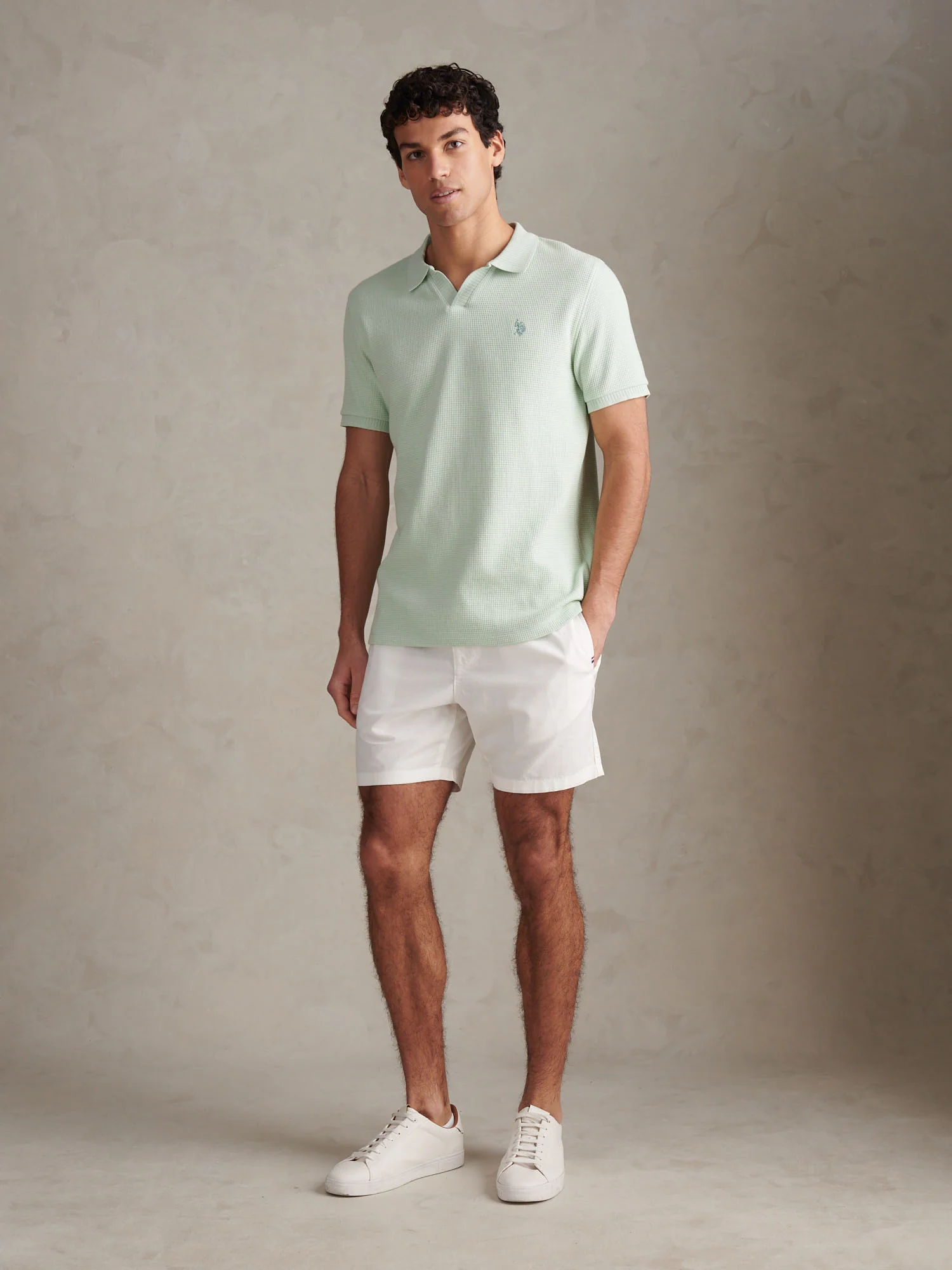 Mens Waffle Open Collar Polo Shirt Aqua Foam - Image 3