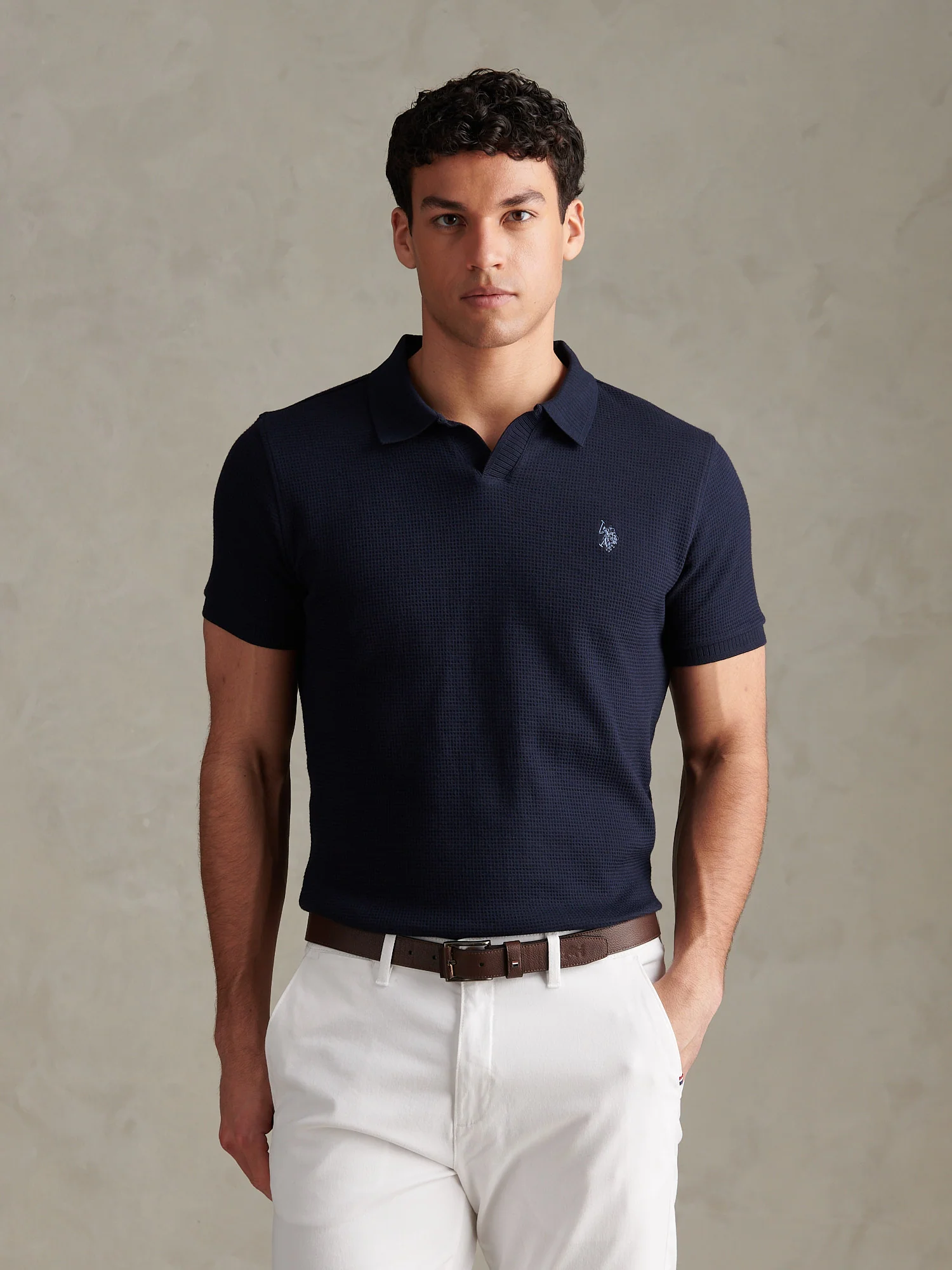 Mens Waffle Open Collar Polo Shirt Dark Sapphire Navy / Moonlight Blue DHM