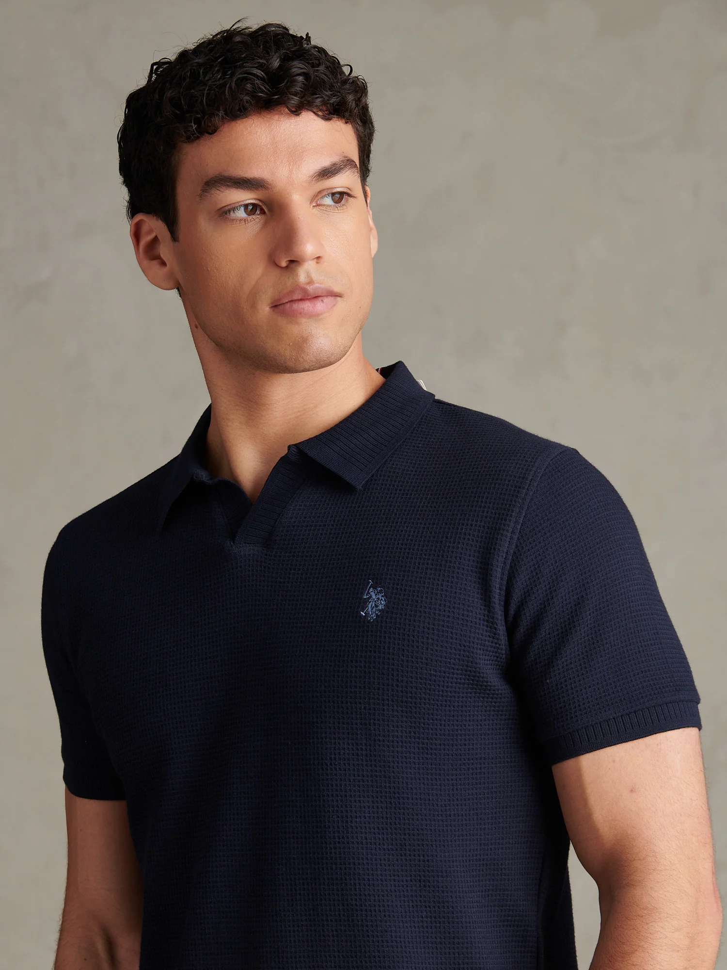 Mens Waffle Open Collar Polo Shirt Dark Sapphire Navy / Moonlight Blue DHM - Image 2