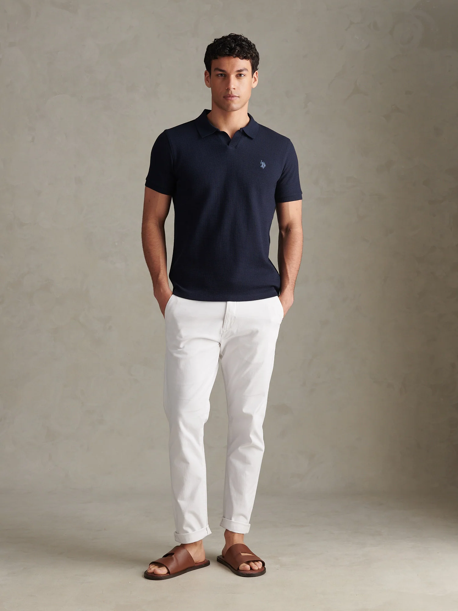 Mens Waffle Open Collar Polo Shirt Dark Sapphire Navy / Moonlight Blue DHM - Image 3