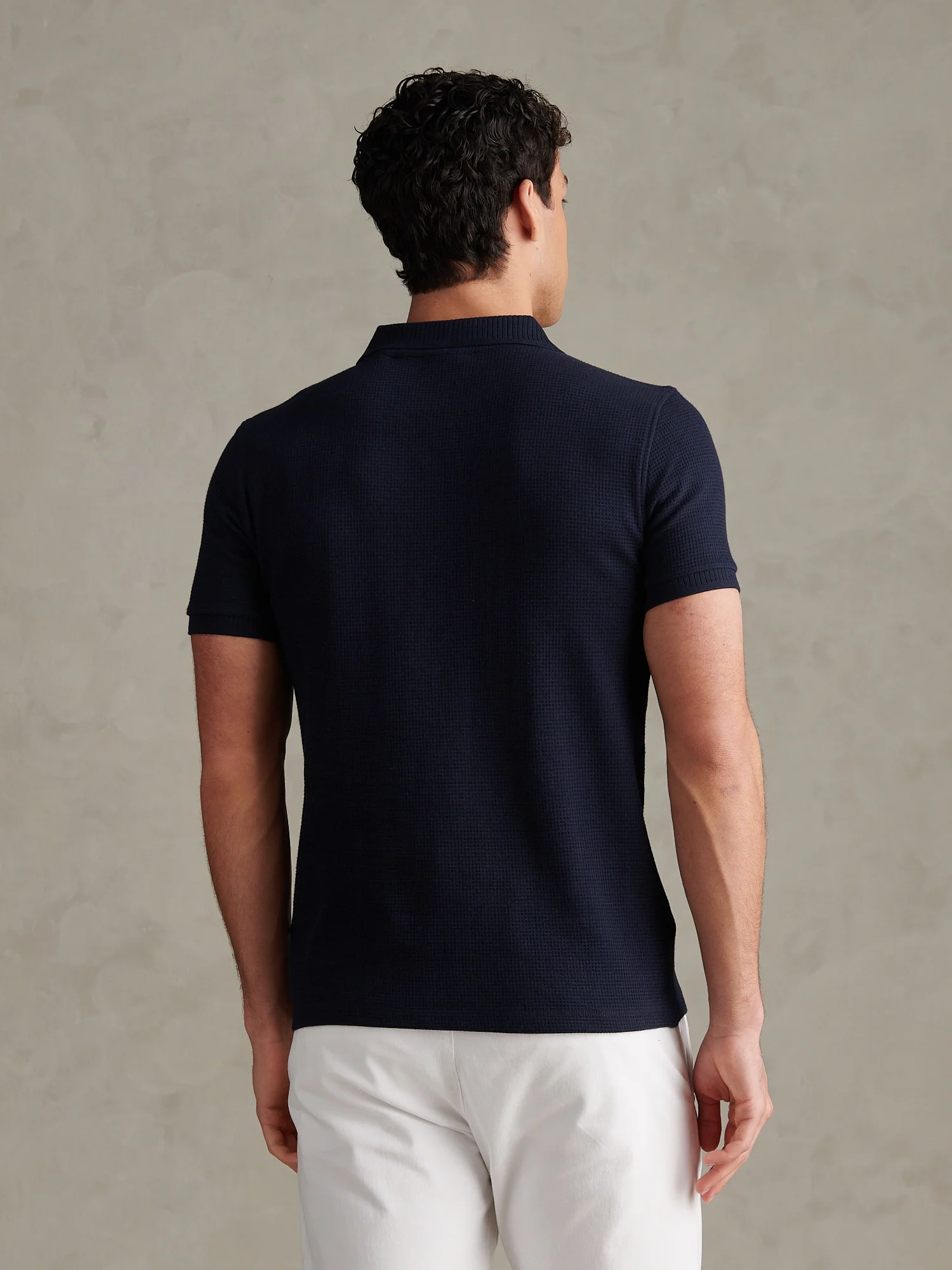 Mens Waffle Open Collar Polo Shirt Dark Sapphire Navy / Moonlight Blue DHM - Image 4