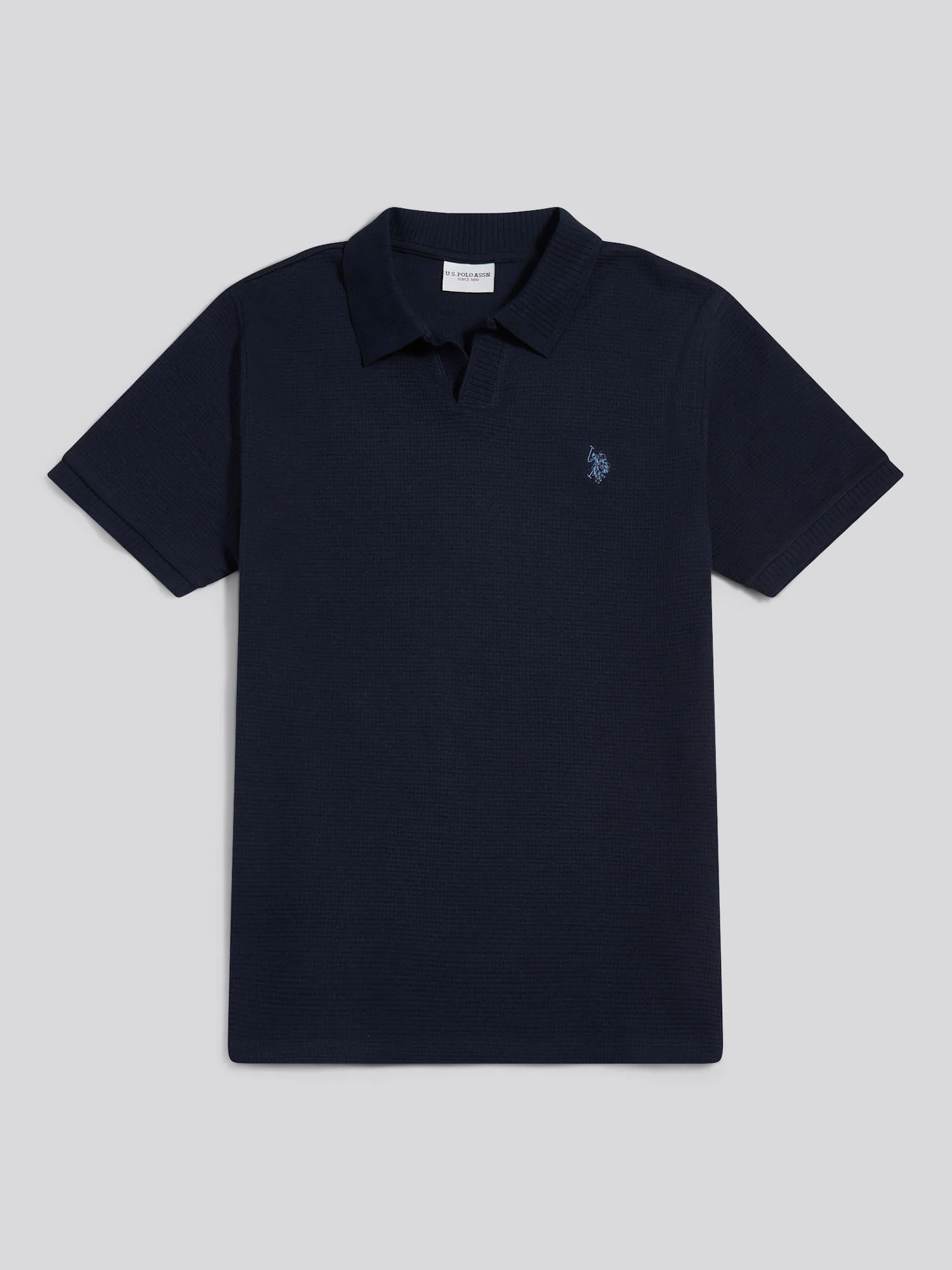 Mens Waffle Open Collar Polo Shirt Dark Sapphire Navy / Moonlight Blue DHM - Image 5