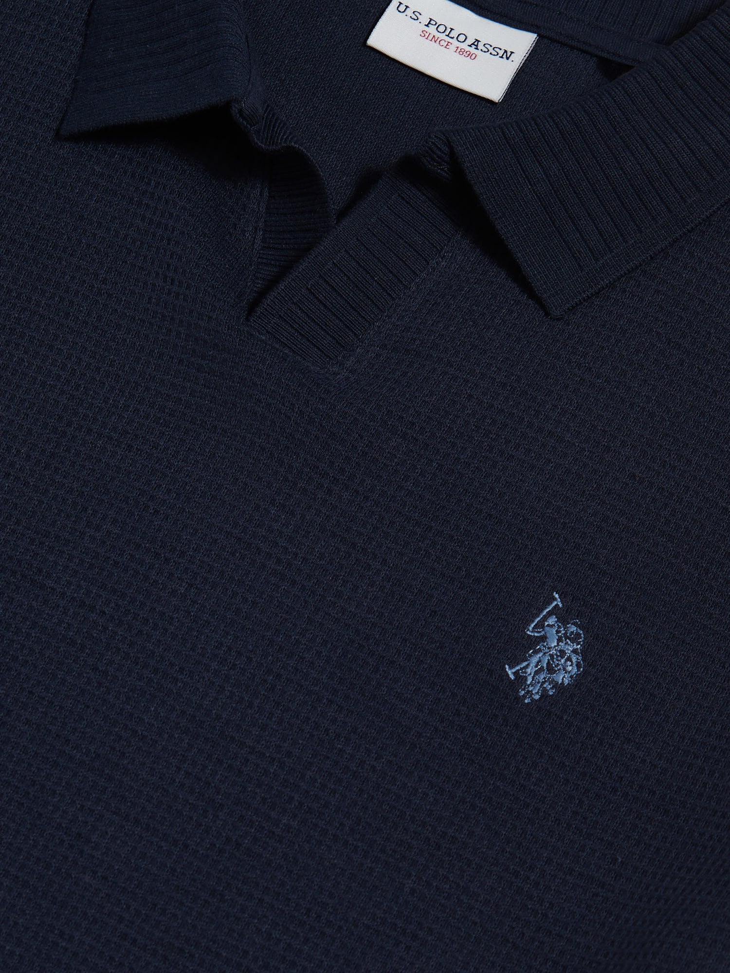 Mens Waffle Open Collar Polo Shirt Dark Sapphire Navy / Moonlight Blue DHM - Image 7