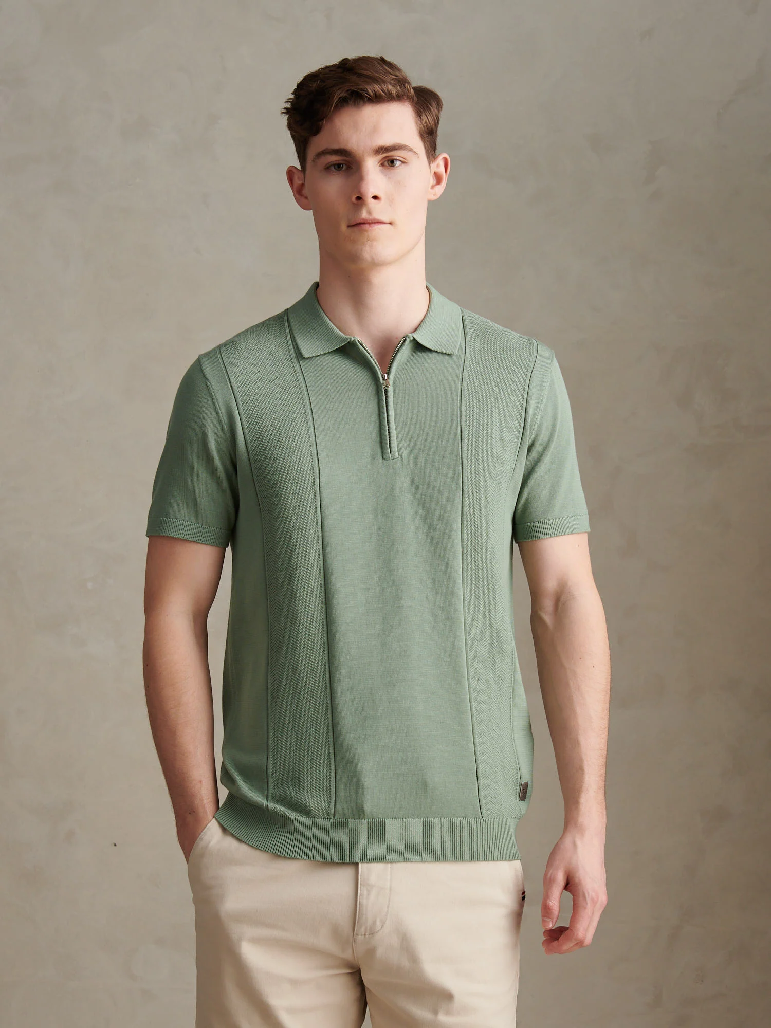 Mens Wide Texture Zip Knit Polo Shirt Green Bay
