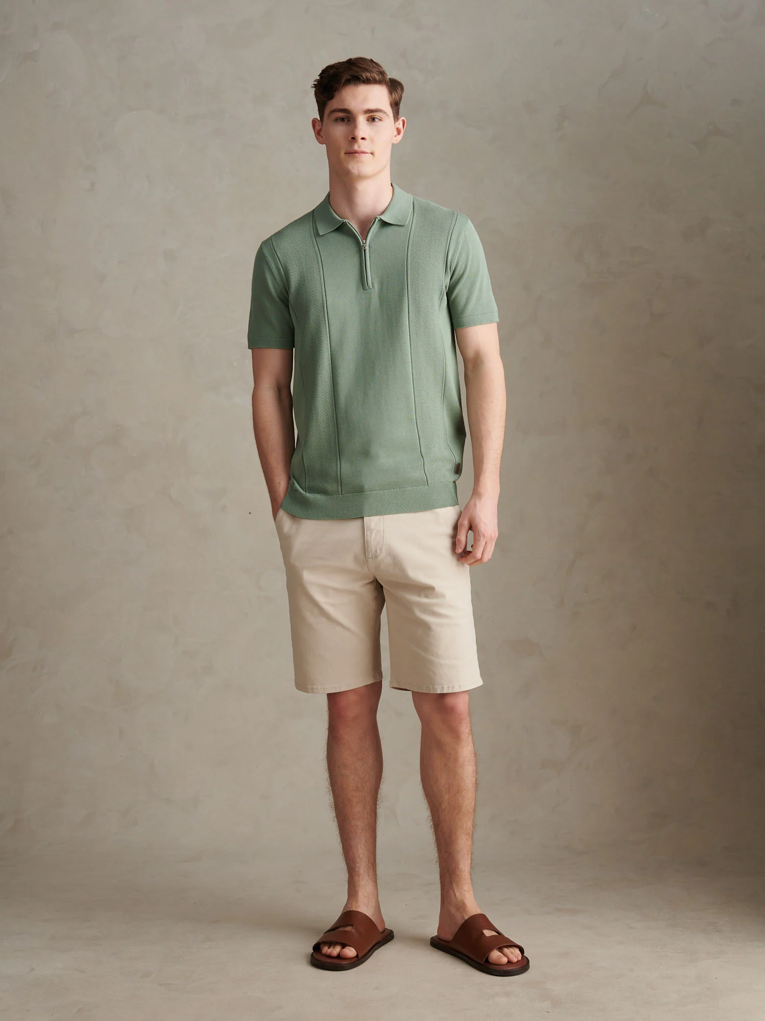 Mens Wide Texture Zip Knit Polo Shirt Green Bay - Image 3