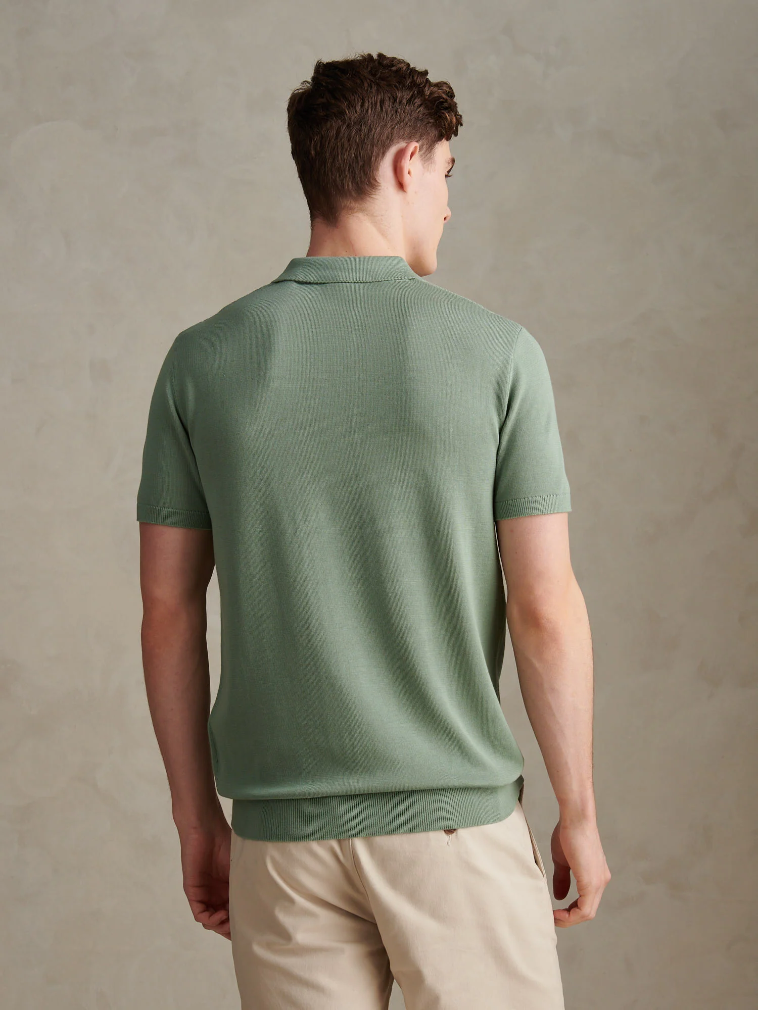 Mens Wide Texture Zip Knit Polo Shirt Green Bay - Image 4