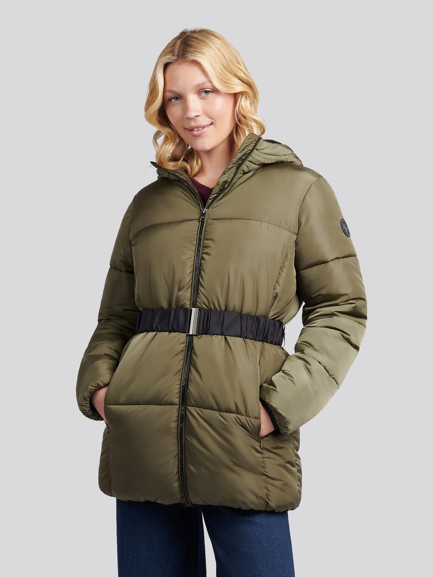 Womens Belted Puffer Jacket in Kalamata Green