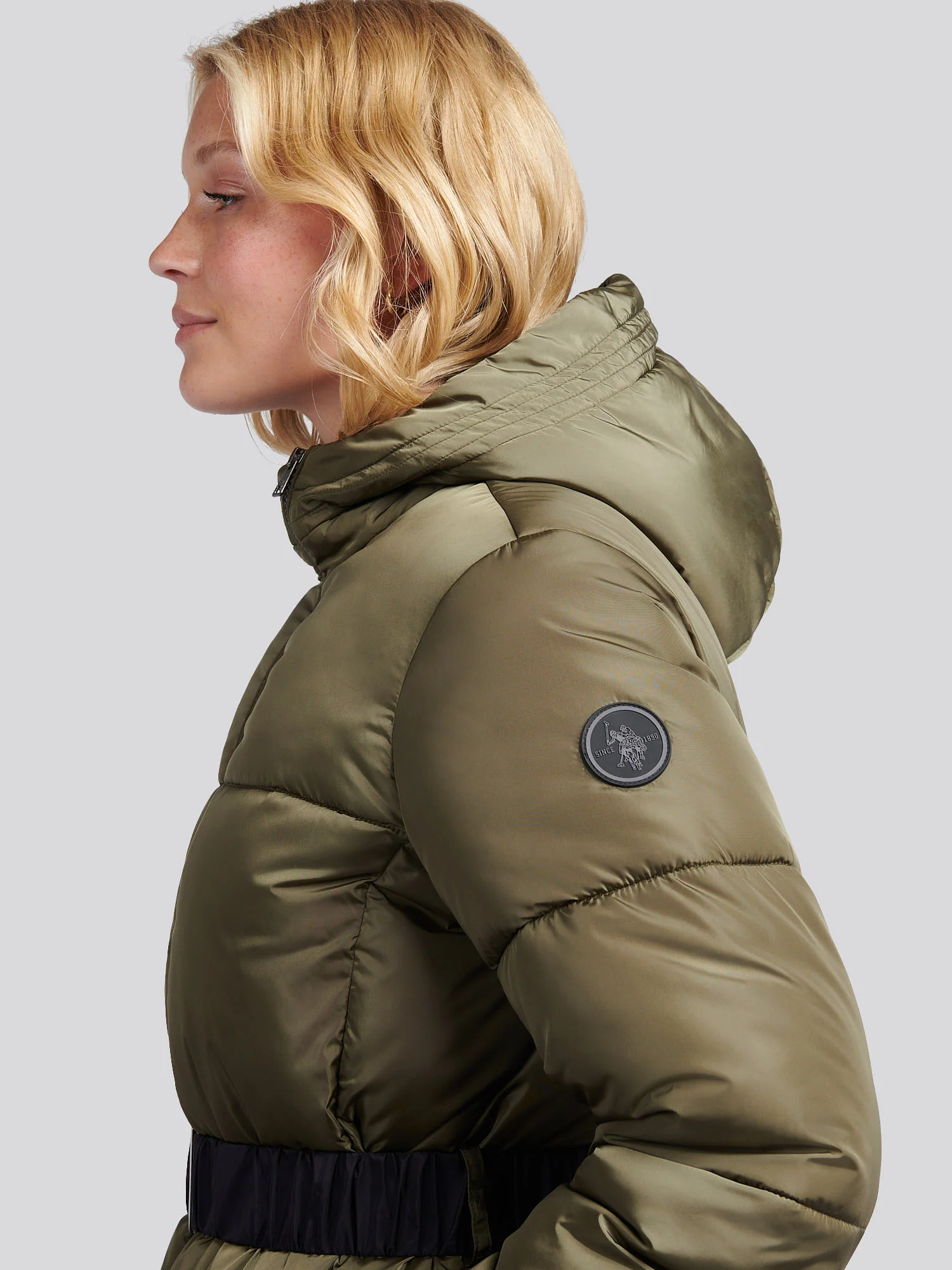 Womens Belted Puffer Jacket in Kalamata Green - Image 2