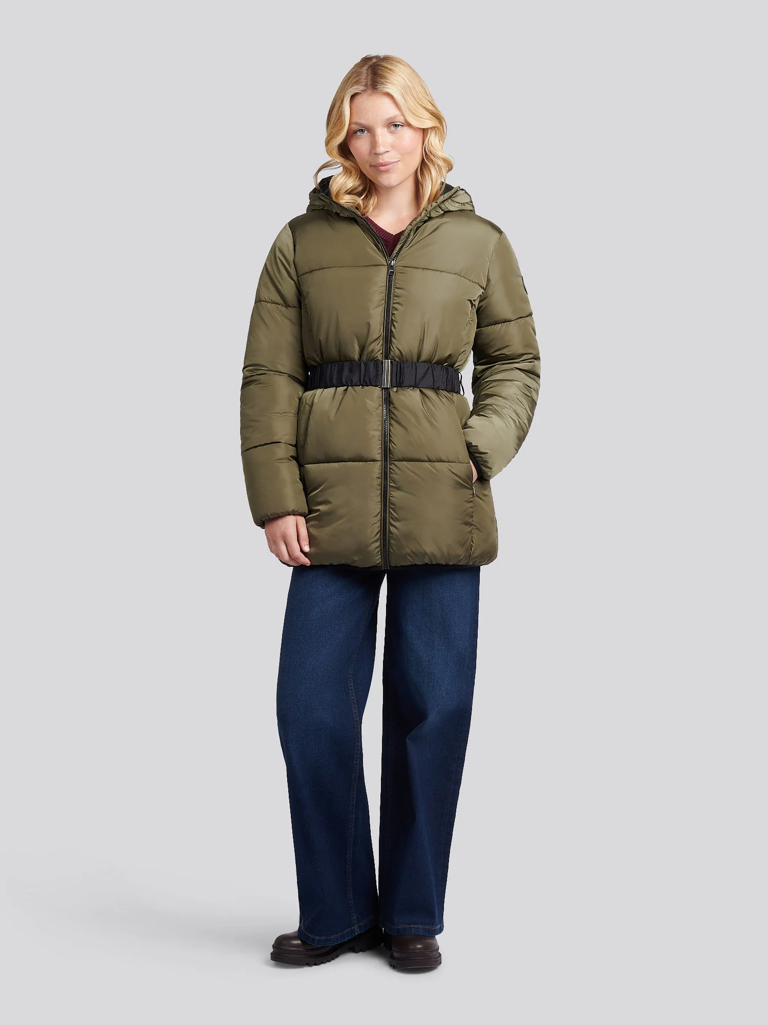 Womens Belted Puffer Jacket in Kalamata Green - Image 3