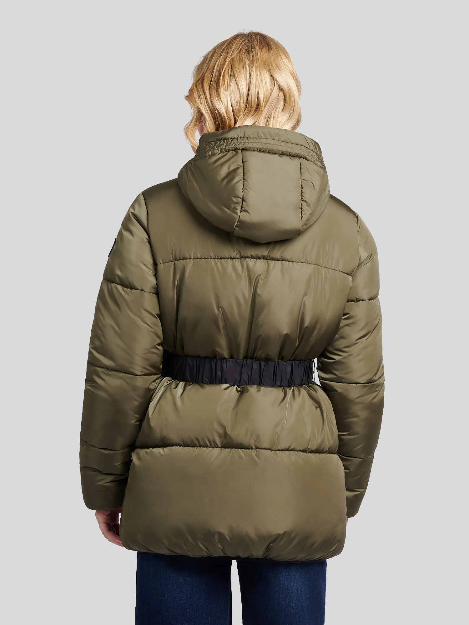 Womens Belted Puffer Jacket in Kalamata Green - Image 4