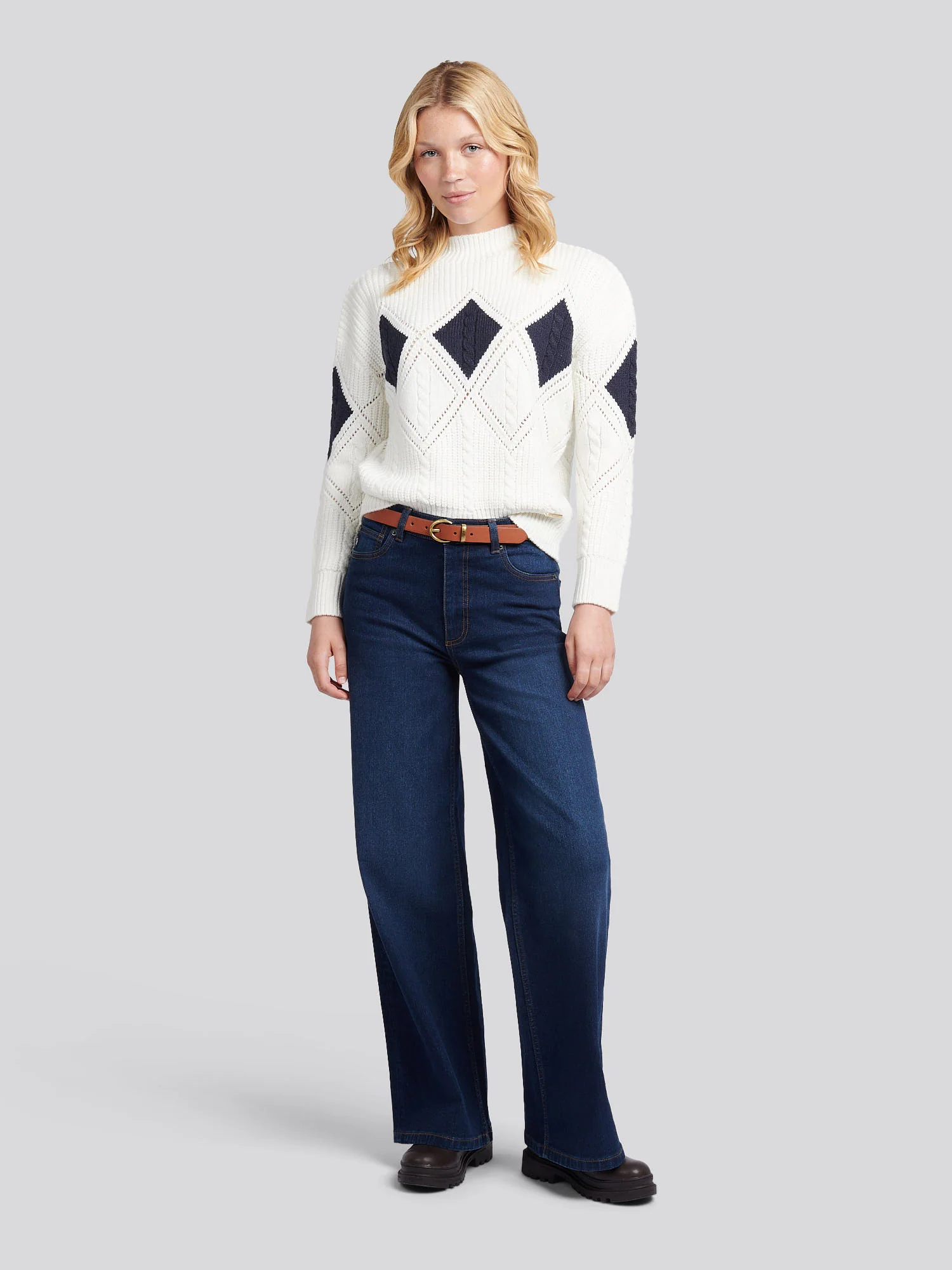 Womens Cable Argyle Mock Neck Jumper in Egret - Image 3